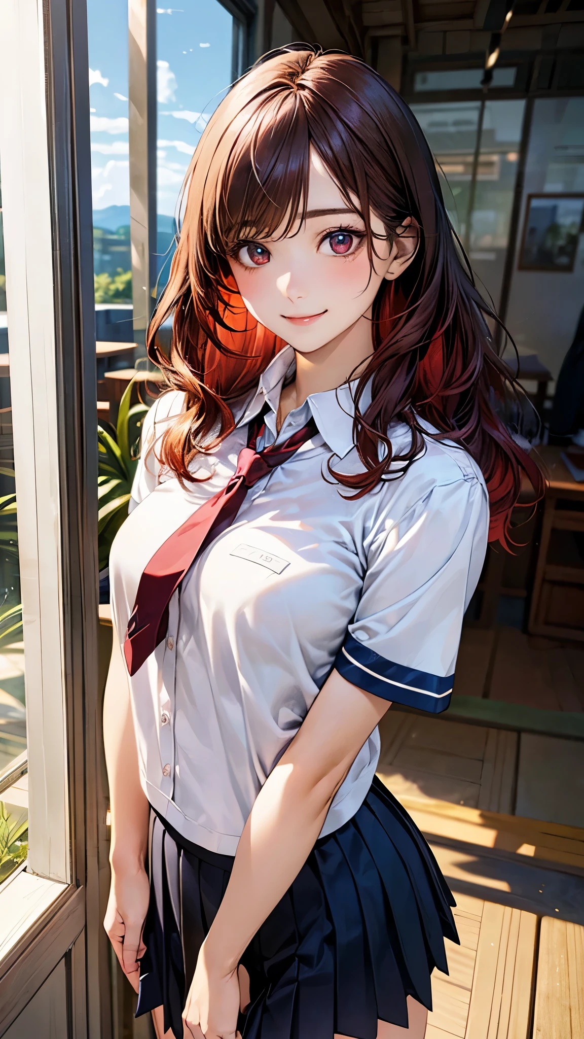 (masterpiece:1.2, top-quality), (realistic, photorealistic:1.4), beautiful illustration, (natural side lighting, movie lighting), nsfw,
looking at viewer, face focus, upper body, 1 girl, japanese, high school girl, perfect face, cute and symmetrical face, shiny skin,
(middle hair:0.8, wavy hair:1.2, red hair), swept bangs, red eyes, long eye lasher, (mideum breasts), slender,
beautiful hair, beautiful face, beautiful detailed eyes, beautiful clavicle, beautiful body, beautiful chest, beautiful thigh, beautiful legs, beautiful fingers,
((detailed cloth texture, short sleeves white collared shirts, navy pleated mini skirt), dark red tie),
(beautiful scenery), evening, (inside apparel shops), standing, (peace sign), (happy smile),