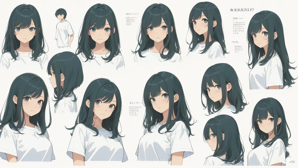 ((Masterpiece)),(((best quality))),(character design sheet, same character, front, side, go back), illustration, 1 girl, Hair color, smooth, Hair style fax, eyes, environment change scene, Hair style fax, Zitai poses, female, Chang Yi shirt, star, Chartern Betalora, (simple go background, white go background: 1.3), --6