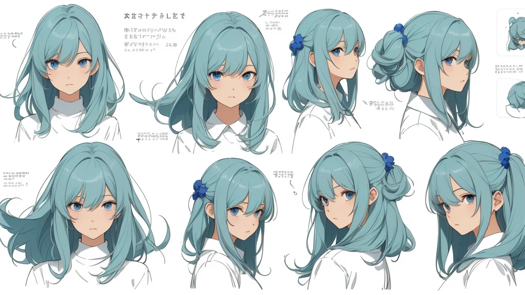 ((Masterpiece)),(((best quality))),(character design sheet, same character, front, side, go back), illustration, 1 girl, Hair color, smooth, Hair style fax, eyes, environment change scene, Hair style fax, Zitai poses, female, Chang Yi shirt, star, Chartern Betalora, (simple go background, white go background: 1.3), --6