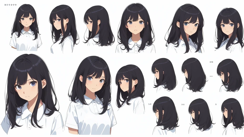 ((Masterpiece)),(((best quality))),(character design sheet, same character, front, side, go back), illustration, 1 girl, Hair color, smooth, Hair style fax, eyes, environment change scene, Hair style fax, Zitai poses, female, Chang Yi shirt, star, Chartern Betalora, (simple go background, white go background: 1.3), --6