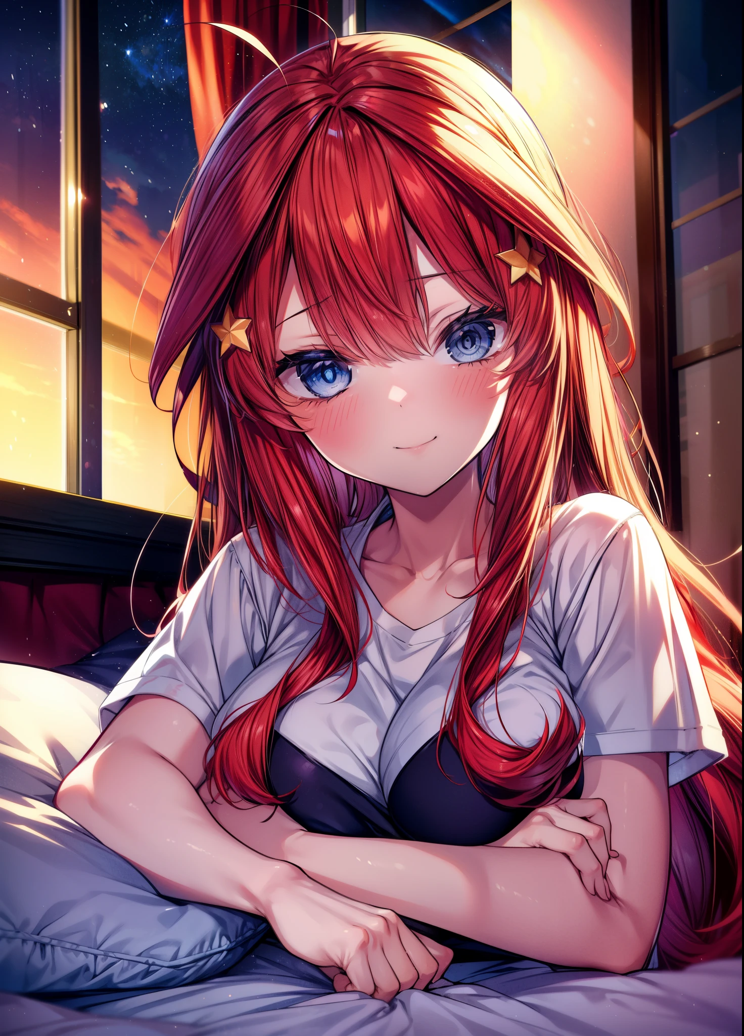 itsukinakano, Itsuki Nakano, bangs, hair between eyes, Ahoge, redhead,  ,girl sleeping with both eyes closed，smile，Bedroom，  windows，romantic starry sky，A meteor crosses,T-shirt,red underwear,sleeping in bed,night,sleep with your head on the pillow,Sleeping lying on your back in bed,dark room,night,
break indoors, Bedroom,
break (masterpiece:1.2), highest quality, High resolution, unity 8k wallpaper, (shape:0.8), highly detailed face, perfect lighting, Very detailed CG, (perfect hands, perfect anatomy),