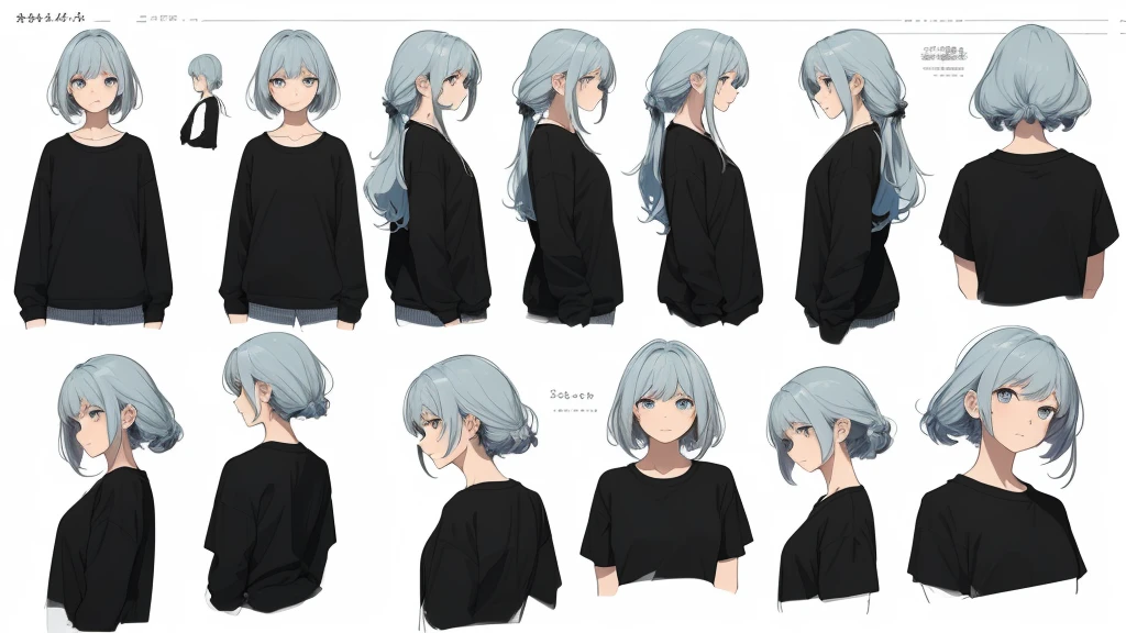 ((Masterpiece)),(((best quality))),(character design sheet, same character, front, side, go back), illustration, 1 girl, Hair color, smooth, Hair style fax, eyes, environment change scene, Hair style fax, Zitai poses, female, Chang Yi shirt, star, Chartern Betalora, (simple go background, white go background: 1.3), --6