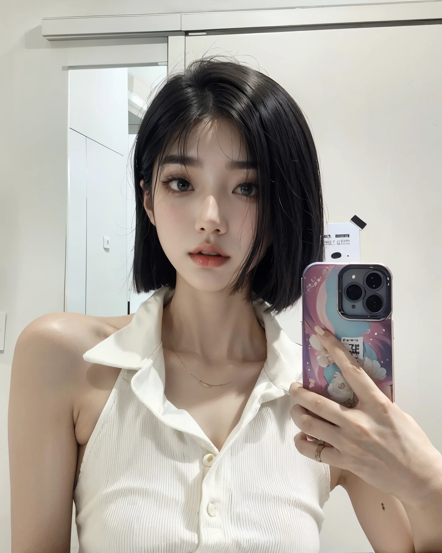 there is a woman taking a selfie in a mirror, with short hair, ulzzang, jinyoung shin, white hime cut hairstyle, heonhwa choe, korean girl, jaeyeon nam, beautiful south korean woman, gorgeous young korean woman, black hime cut hair, taejune kim, beautiful young korean woman, she has black hair with bangs