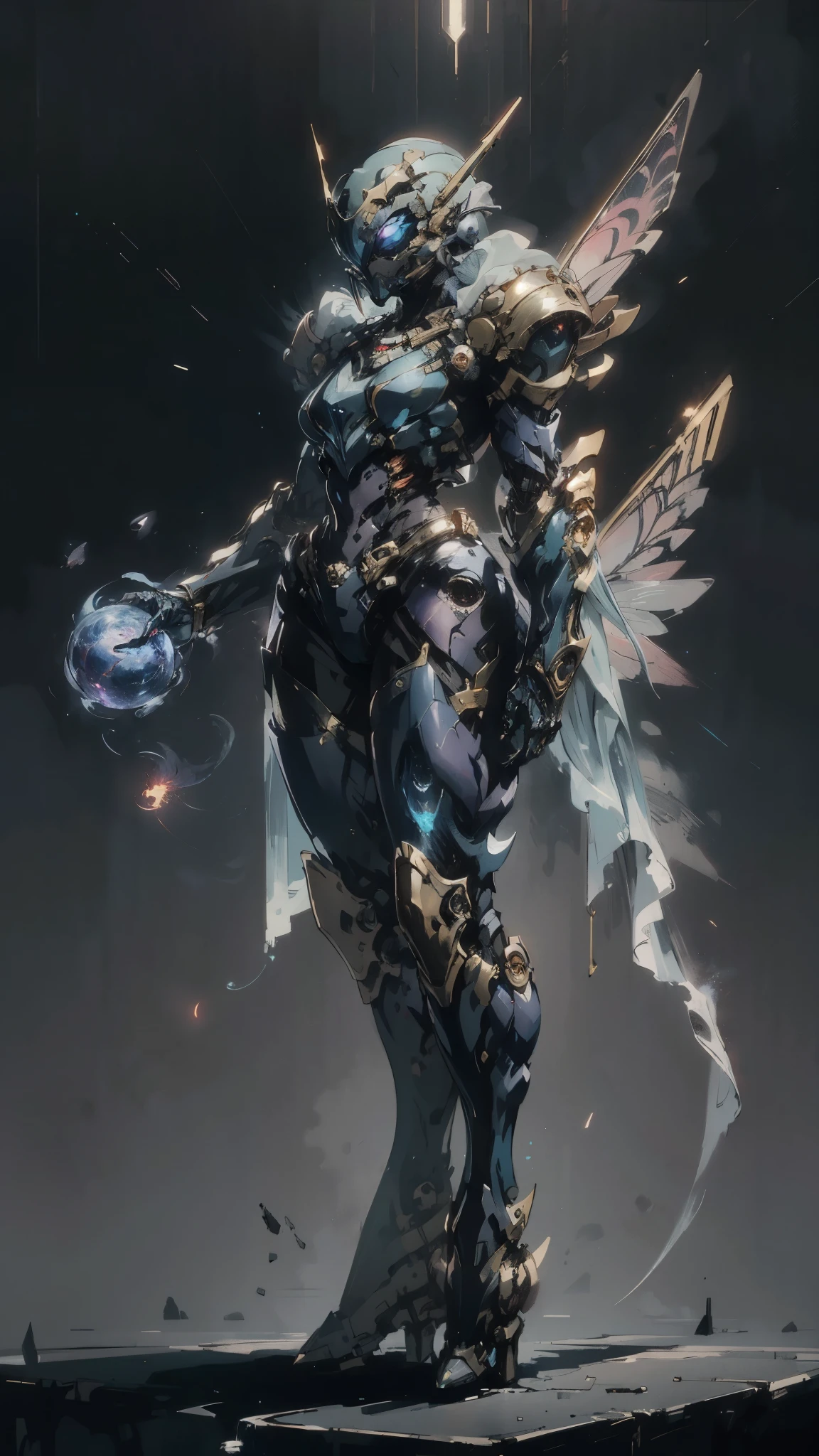 A woman adorned in fantasy-style full-body armor, a crown-concept fully enclosed helmet that unveils only her eyes, a composite layered chest plate, fully encompassing shoulder and hand guards, a lightweight waist armor, form-fitting shin guards, the overall design is heavy-duty yet flexible, (the armor gleams with a golden glow, complemented by red and blue accents), exhibiting a noble aura, she floats above a fantasy-surreal high-tech city, this character embodies a finely crafted fantasy-surreal style armored hero in anime style, exquisite and mature manga art style, (mixture of Queen bee and Spider concept Armor, plasma), ((Element, elegant, goddess, femminine:1.5)), metallic, high definition, best quality, highres, ultra-detailed, ultra-fine painting, extremely delicate, professional, anatomically correct, symmetrical face, extremely detailed eyes and face, high quality eyes, creativity, RAW photo, UHD, 32k, Natural light, cinematic lighting, masterpiece-anatomy-perfect, masterpiece:1.5