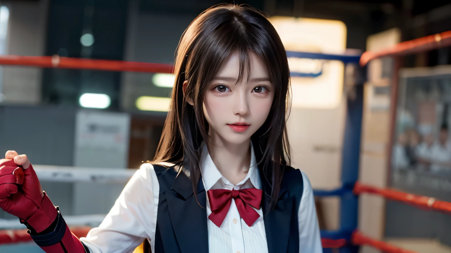 Beautiful girl in school uniform doing boxing、posture、fighting pose supermodel、beautiful woman、strong girl、blazer uniform、mini skirt
