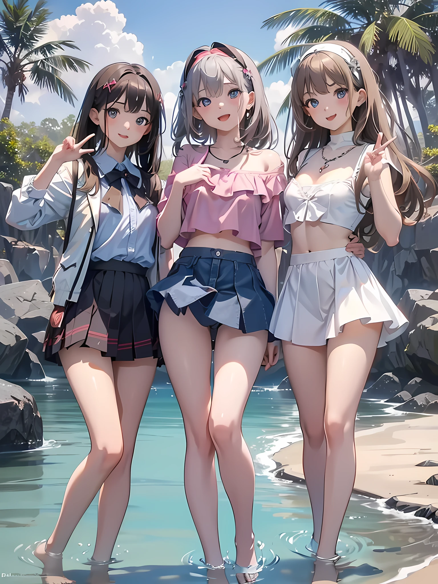 ((highest quality)), ((masterpiece)), (pretty girl), (3 girls:1.3), cute three girls are posing for a camera outdoors in the water, shirtを持ち上げる, lift the skirt, Stand in line, (Close-up shot from the knee:1.3), perfect face, smile, (open your mouth and smile:1.3), embarrassed look, (precise fingers:1.3), hair band, head band, hair bobble, blouse, shirt, I can see your underwear, (pastel colored underwear), high resolution eyes, accurate eyes, (high resolution eyes:1.8), (High definition finger 1.8), light smile, small chest, chest, realistic, 4-year-old, , 6 years oldld, knee sockat flips up,short skirt, Asian, Westerners, silver hair, brown hair, blonde, belly button, jewelry, looking at the viewer, necklace, water, , Wet, long hair, short hair, abs,