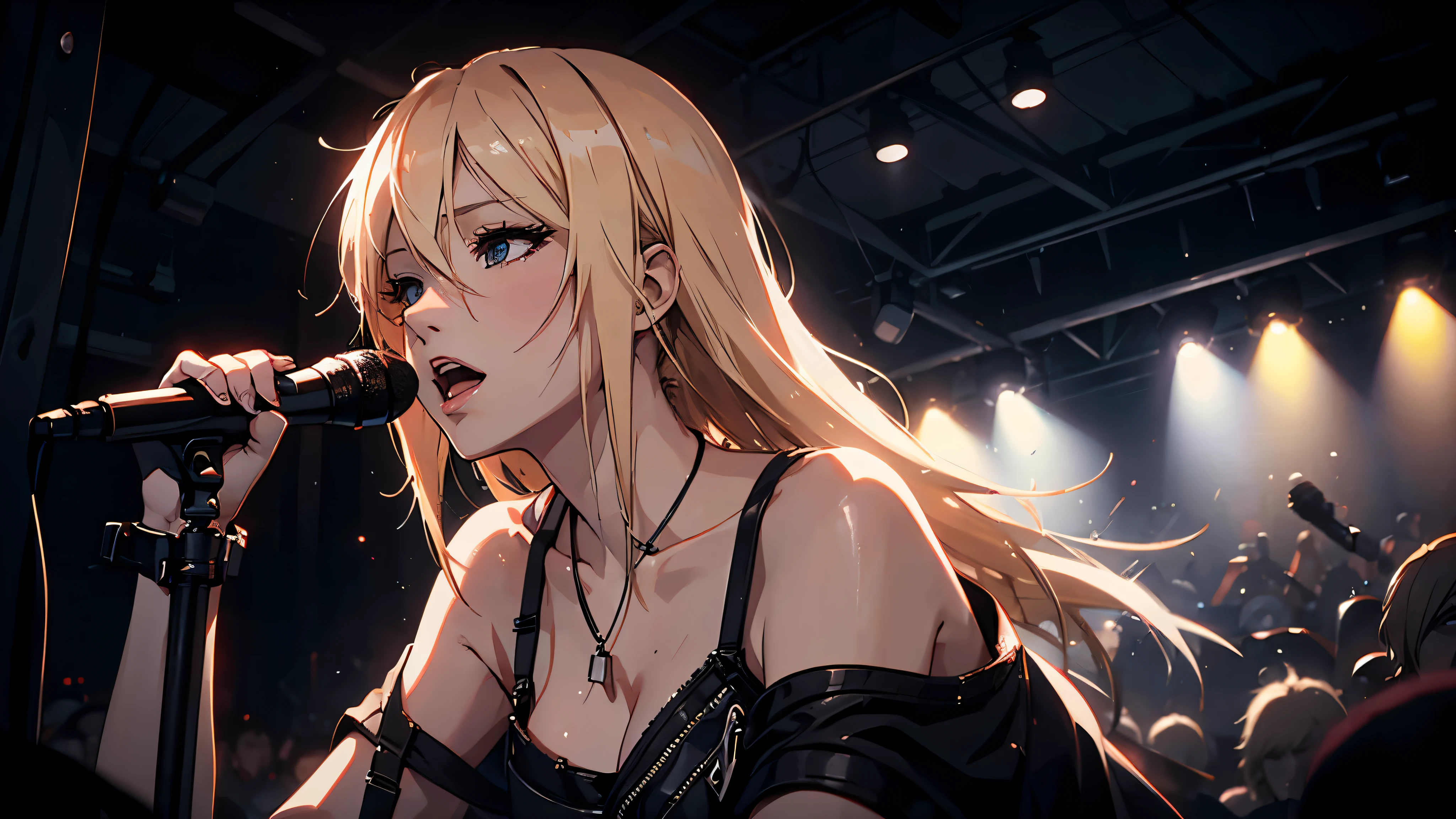 woman,blonde,vocalist.band,microphone,stage,dance,Nikon d850 film stock photo by Lee Jeffries ,beautiful anime scenery
