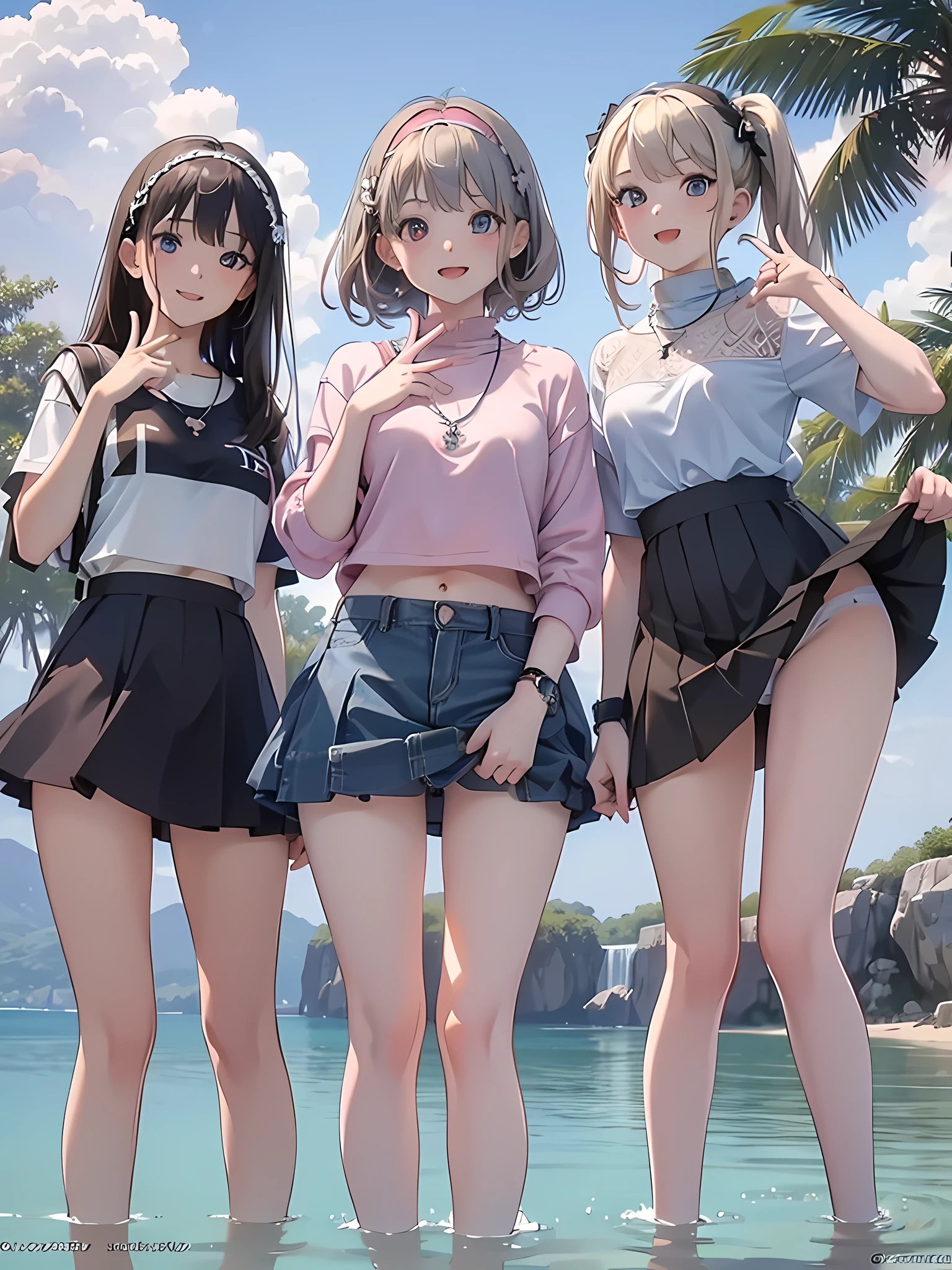 ((highest quality)), ((masterpiece)), (pretty girl), (3 girls:1.3), cute three girls are posing for a camera outdoors in the water, shirtを持ち上げる, lift the skirt, Stand in line, (Close-up shot from the knee:1.3), perfect face, smile, (open your mouth and smile:1.3), embarrassed look, (precise fingers:1.3), hair band, head band, hair bobble, blouse, shirt, I can see your underwear, (pastel colored underwear), high resolution eyes, accurate eyes, (high resolution eyes:1.8), (High definition finger 1.8), light smile, small chest, chest, realistic, 4--old,years ors old, 7 yead, knee socks, Skirt that flips up,short skirt,  Asian, Westerners, silver hair, brown hair, blonde, belly button, jewelry, looking at the viewer, necklace, water, , Wet, long hair, short hair, abs,