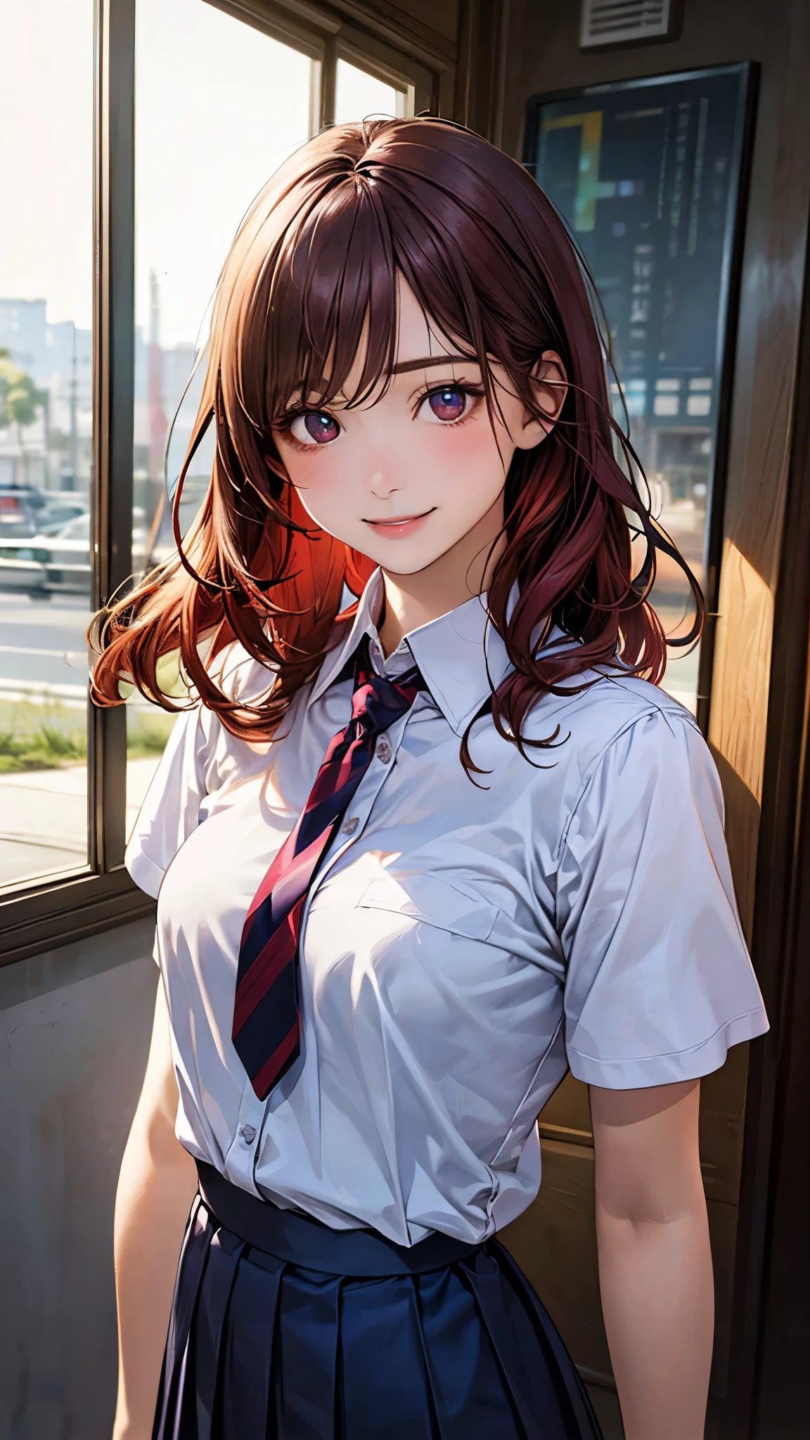(masterpiece:1.2, top-quality), (realistic, photorealistic:1.4), beautiful illustration, (natural side lighting, movie lighting), nsfw, 
looking at viewer, face focus, upper body, 1 girl, japanese, high school girl, perfect face, cute and symmetrical face, shiny skin, 
(middle hair:0.8, wavy hair:1.2, red hair), swept bangs, red eyes, long eye lasher, (mideum breasts), slender, 
beautiful hair, beautiful face, beautiful detailed eyes, beautiful clavicle, beautiful body, beautiful chest, beautiful thigh, beautiful legs, beautiful fingers, 
((detailed cloth texture, short sleeves white collared shirts, navy pleated mini skirt), dark red tie), 
(beautiful scenery), evening, ((inside apparel shop)), standing, (happy smile),