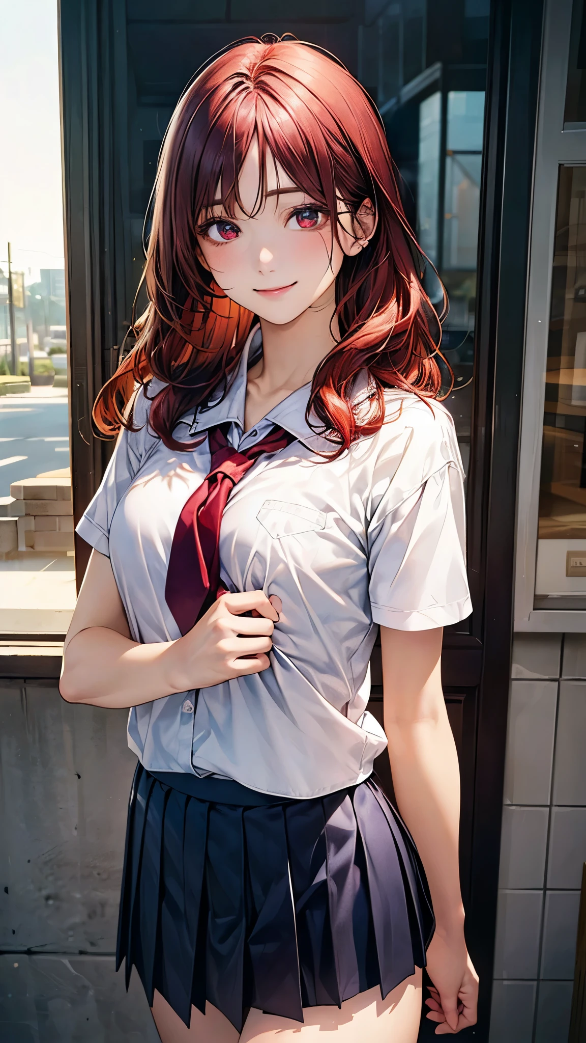 (masterpiece:1.2, top-quality), (realistic, photorealistic:1.4), beautiful illustration, (natural side lighting, movie lighting), nsfw,
looking at viewer, face focus, upper body, 1 girl, japanese, high school girl, perfect face, cute and symmetrical face, shiny skin,
(middle hair:0.8, wavy hair:1.2, red hair), swept bangs, red eyes, long eye lasher, (mideum breasts), slender,
beautiful hair, beautiful face, beautiful detailed eyes, beautiful clavicle, beautiful body, beautiful chest, beautiful thigh, beautiful legs, beautiful fingers,
((detailed cloth texture, short sleeves white collared shirts, navy pleated mini skirt), dark red tie),
(beautiful scenery), evening, ((inside apparel shop)), standing, (happy smile),
