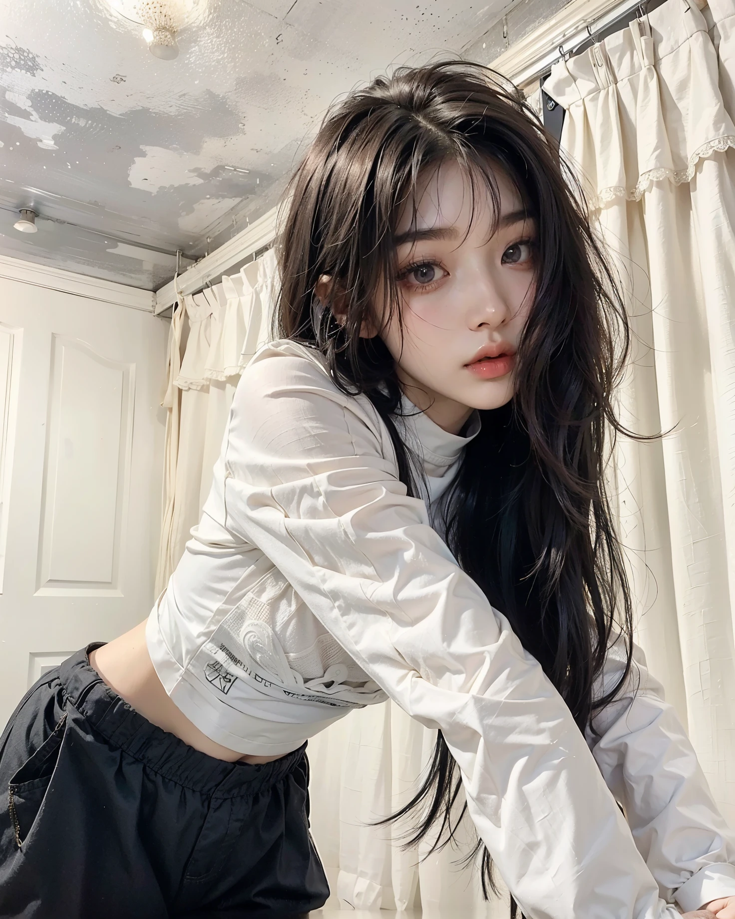 there is a woman that is posing for a picture in a room, ulzzang, korean girl, cruel korean goth girl, jinyoung shin, bae suzy, beautiful south korean woman, gorgeous young korean woman, with long hair, xision wu, heonhwa choe, beautiful young korean woman, xintong chen, korean woman, with ripped crop t - shirt