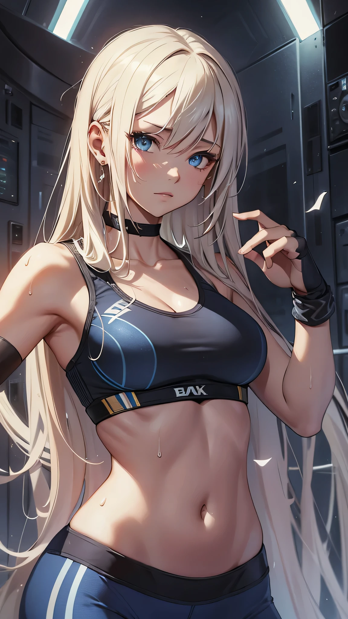 最high quality、best image quality、masterpiece、age girl((20-year-old、 By becoming、vest bust、medium bust,wide open breast tea、black eye, blonde hair、long hair、thin,highest valley、blue sports bra(1:2)、Blue sports pants、Punching Pose、sweating、scattering of sweat、Flushed body)),high quality、beautiful art、background((virtual studio、Live feeling))debris flies、Depth of written boundary、movie、visual art、perfect art、8k,genuine、