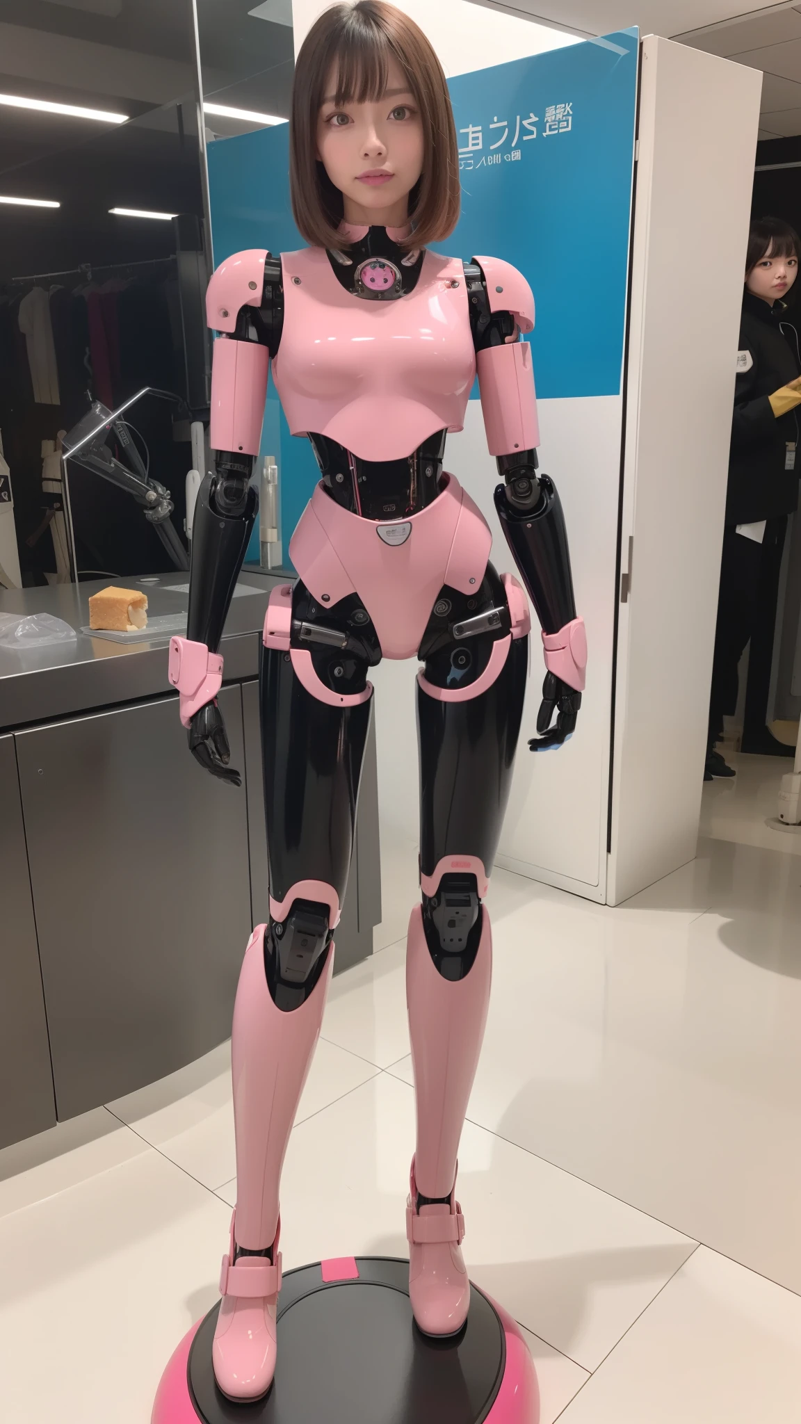 masterpiece, best quality, extremely detailed, (8K, 4K, Best Quality, Hight resolution, 超A high resolution:1.1), 8K portrait,1girl in, Japanese android girl, android teacher, control panels, android, Droid, Mechanical Hand, ,Robot arms and legs, Black hair, Mechanical body, Blunt bangs, Pink Robotics Parts, perfect robot woman, Charging spot, Long Tube, A thick cable was connected to her neck, ceramic body , android, robot humanoid, panty, full eyes, perfect mechanical body, pink robotics body, future assembly plant, Pink body, She has repaired, lack sponge joints, android assembly plant, android, laboratory, platform boots, perfect machine body, pink robot body