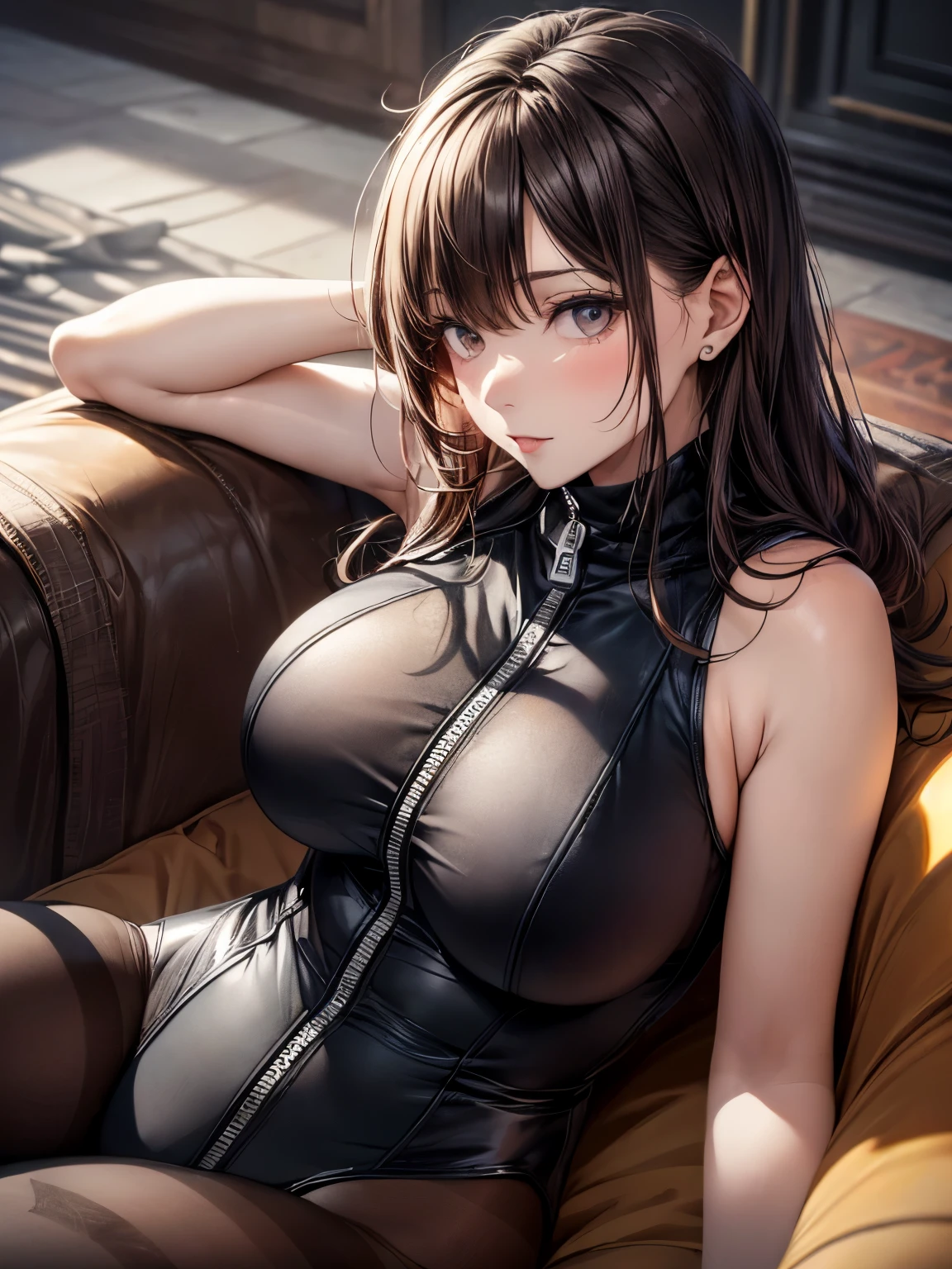 highest quality、complete limbs、Refers to the whole、1 beautiful woman、beautiful big breasted woman:1.3、((black haired woman))、straight hair woman、(((Woman wearing black high neck sleeveless leotard with zipper:1.3)))、sexy pose、(((woman wearing brown pantyhose:1.3)))、living、A woman lying on the sofa seat with her head on the armrest、shy face