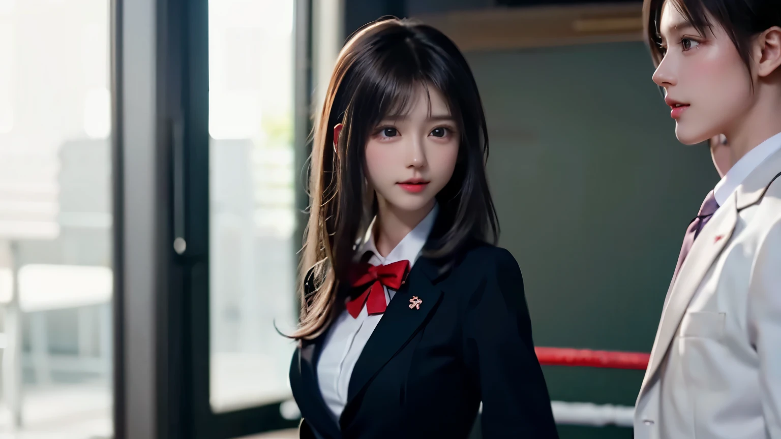 A group of beautiful girls in school uniforms boxing、Supermodel、group of beautiful girls、girl hitting a man、strong girl、blazer uniform、mini skirt、Army of girls vs guys、lynching、cute girl hits a guy、female dominance、
