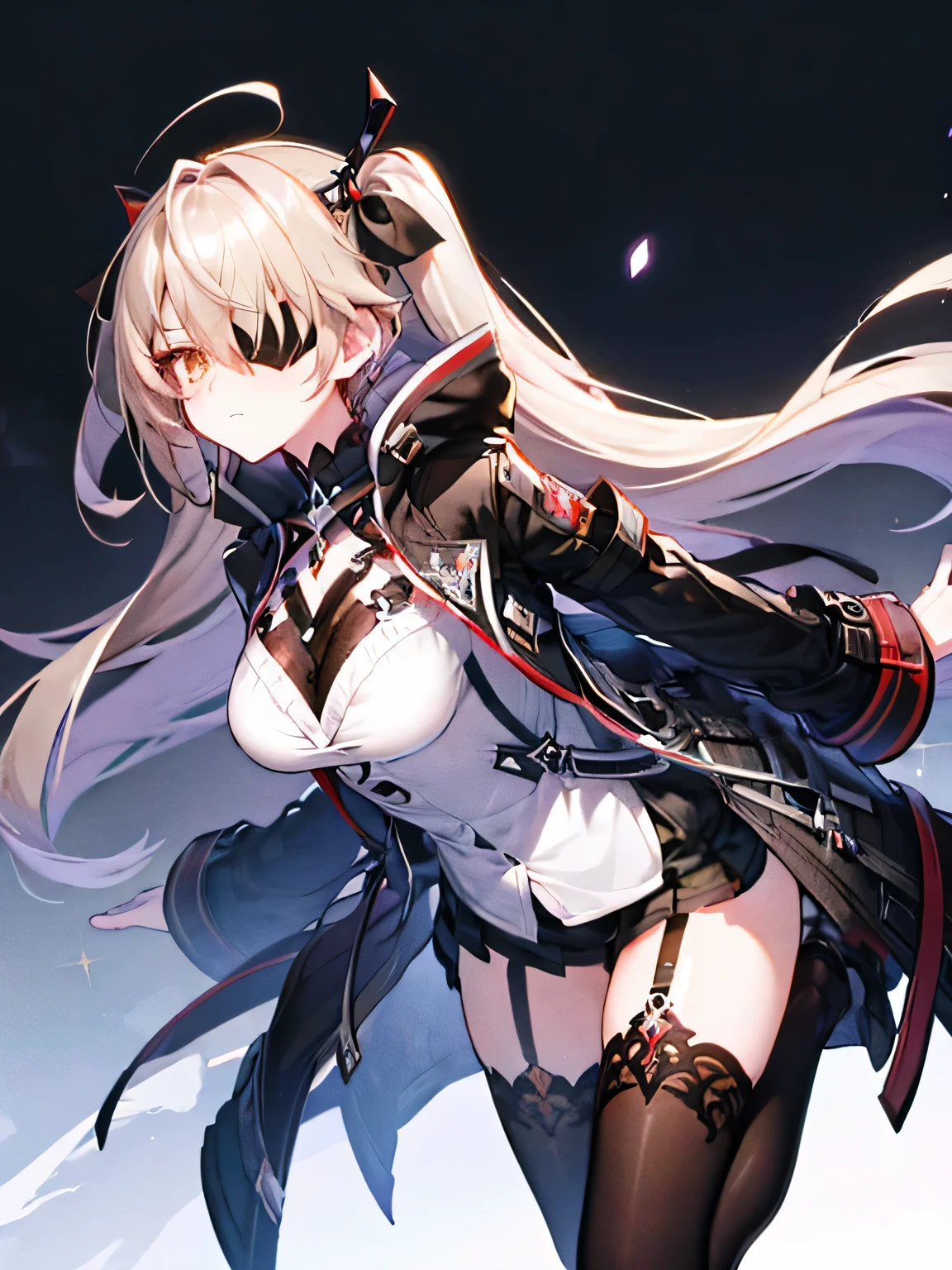 blonde_hair, long_hair, bangs, eyepatch, orange_eyes, two_side_up, hair_over_one_eye, breasts, blush, big_breasts, Black silver-trimmed trench coat, black_gloves, Black_stockings, style of arknights