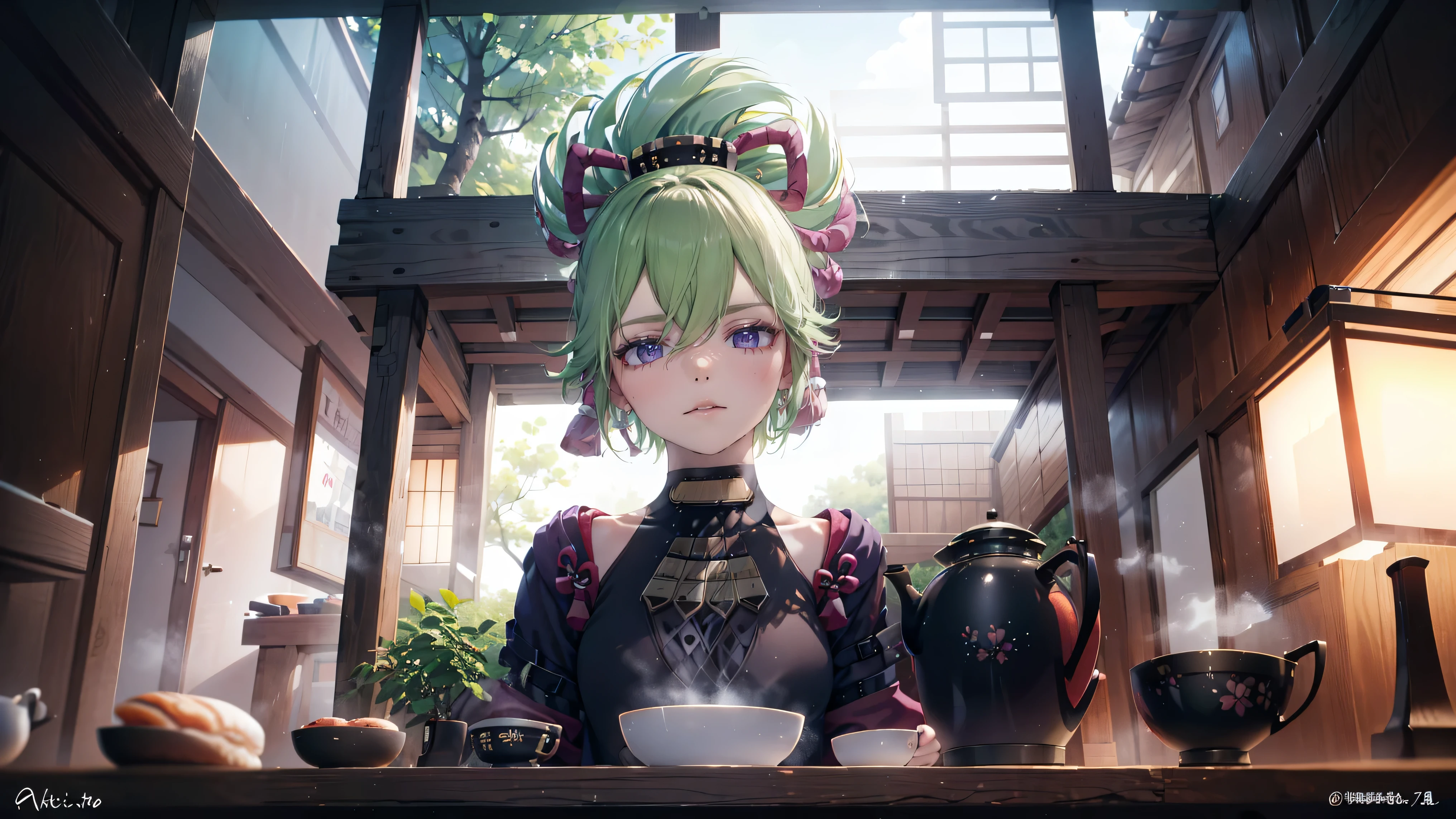 (best quality,8k,height,Masterpiece:1.2),(realistic,photorealistic,photo-realistic:1.37), Mr. Ta Si, a purple traditional Japanese bakery,Beautifully detailed eyes,happiness,glowing eyes,smile,บรรยากาศquiet,Traditional Japanese clothing,work(best quality,Comprehensive,advertisement:1.2),bright and warm,sweet and sleepy,complete happiness,smileสดใส,cherry tree,quiet,aroma,dreamlike,bright colors,delicate light,Traditional Japanese tea set,Lively atmosphere, Looking at the audience from the front, พื้นหลังเป็นเมืองญี่ปุ่นเก่าแก่ที่มีcherry tree.,