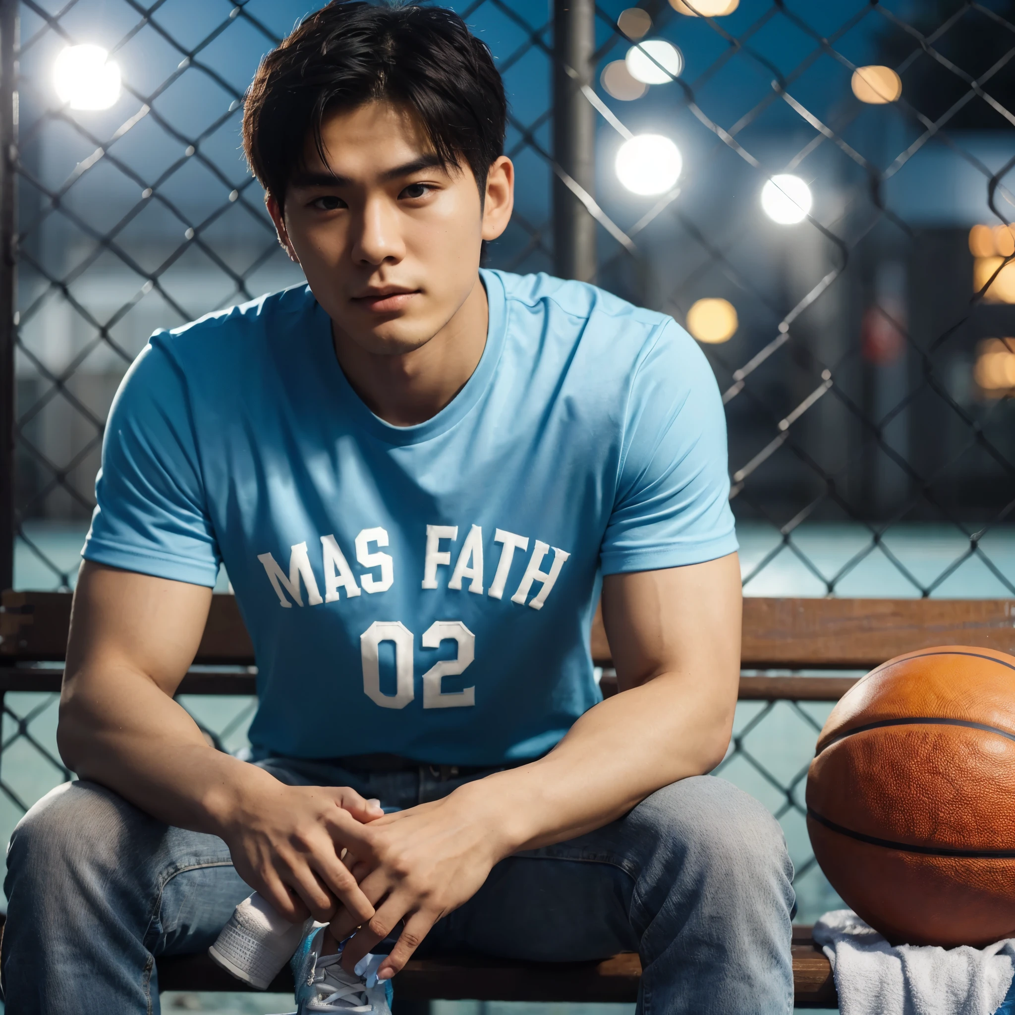 Create an image of a 25 year old Korean man, fit body with two block hair, wearing a sky blue basketball shirt with text "Mas Fath 02", short jeans and white shoes, sitting on a bench in front of a court fence, a cinematic bokeh background, showing a basketball court with lights, a basketball, a small towel, a drinking bottle, 85mm lens portrait, street clothes, realistic, hyperrealistic, photography, Highly resolution
