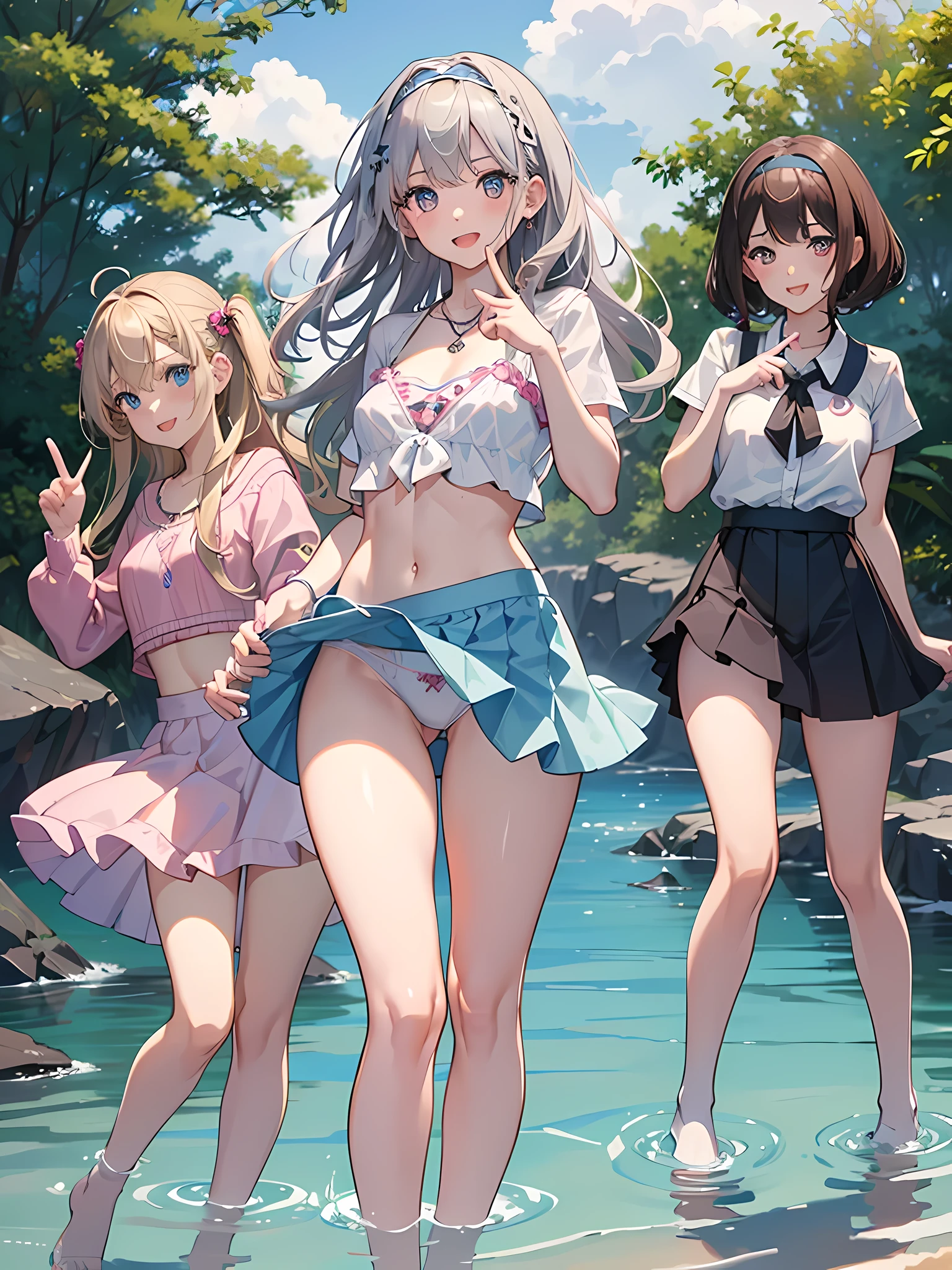 ((highest quality)), ((masterpiece)), (pretty girl), (3 girls:1.3), cute three girls are posing for a camera outdoors in the water, shirtを持ち上げる, lift the skirt, Stand in line, (Close-up shot from the knee:1.3), perfect face, smile, (open your mouth and smile:1.3), embarrassed look, (precise fingers:1.3), hair band, head band, hair bobble, blouse, shirt, I can see your underwear, (pastel colored underwear), high resolution eyes, accurate eyes, (high resolution eyes:1.8), (High definition finger 1.8), light smile, small chest, chest, realistic, 4--old,years ors old, 7 yead, knee socks, Skirt that flips up,short skirt,  Asian, Westerners, silver hair, brown hair, blonde, belly button, jewelry, looking at the viewer, necklace, water, , Wet, long hair, short hair, abs,