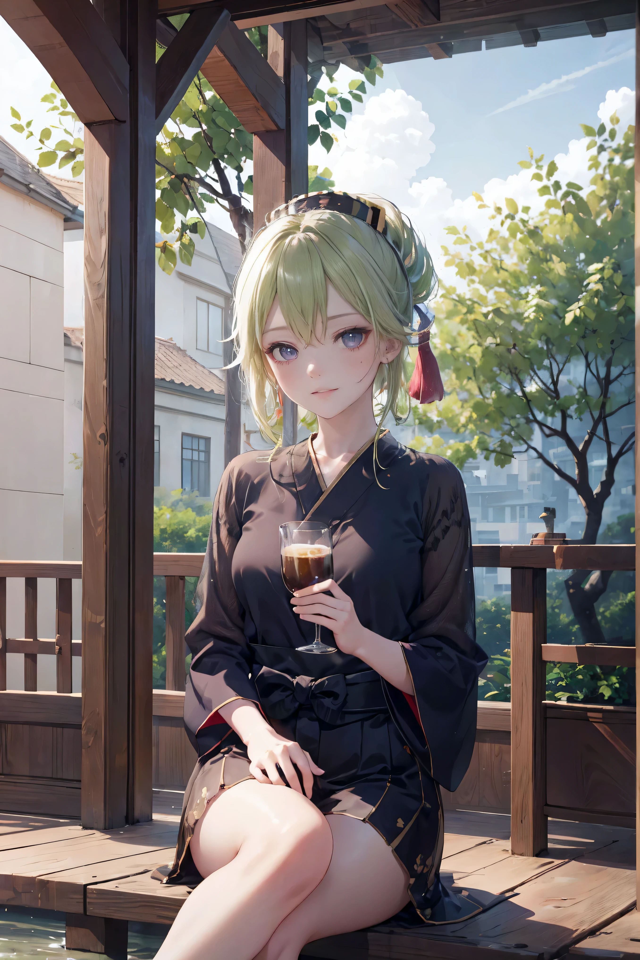 Morning at home、The little elf girl was sitting on a chair eating breakfast..、beautiful woman、รอยsmile、blonde hair、(best quality,8k,height,ผลworkชิ้นเอก:1.2),(realistic,photorealistic,photo-realistic:1.37), Mr.. Eye Color, purple traditional japanese bakery shop,Beautifully detailed eyes,happiness,glowing eyes,smile,บรรยากาศquiet,Traditional Japanese clothing,work(best quality,comprehensive,advert:1.2),bright and warm,sweet and sleepy,complete happiness,smileสดใส,cherry tree,quiet,aroma,dreamlike,bright colors,Delicate lighting,Traditional Japanese tea set,Lively atmosphere, Looking at the audience from the front, พื้นหลังเป็นเมืองญี่ปุ่นเก่าแก่ที่มีcherry tree.,
