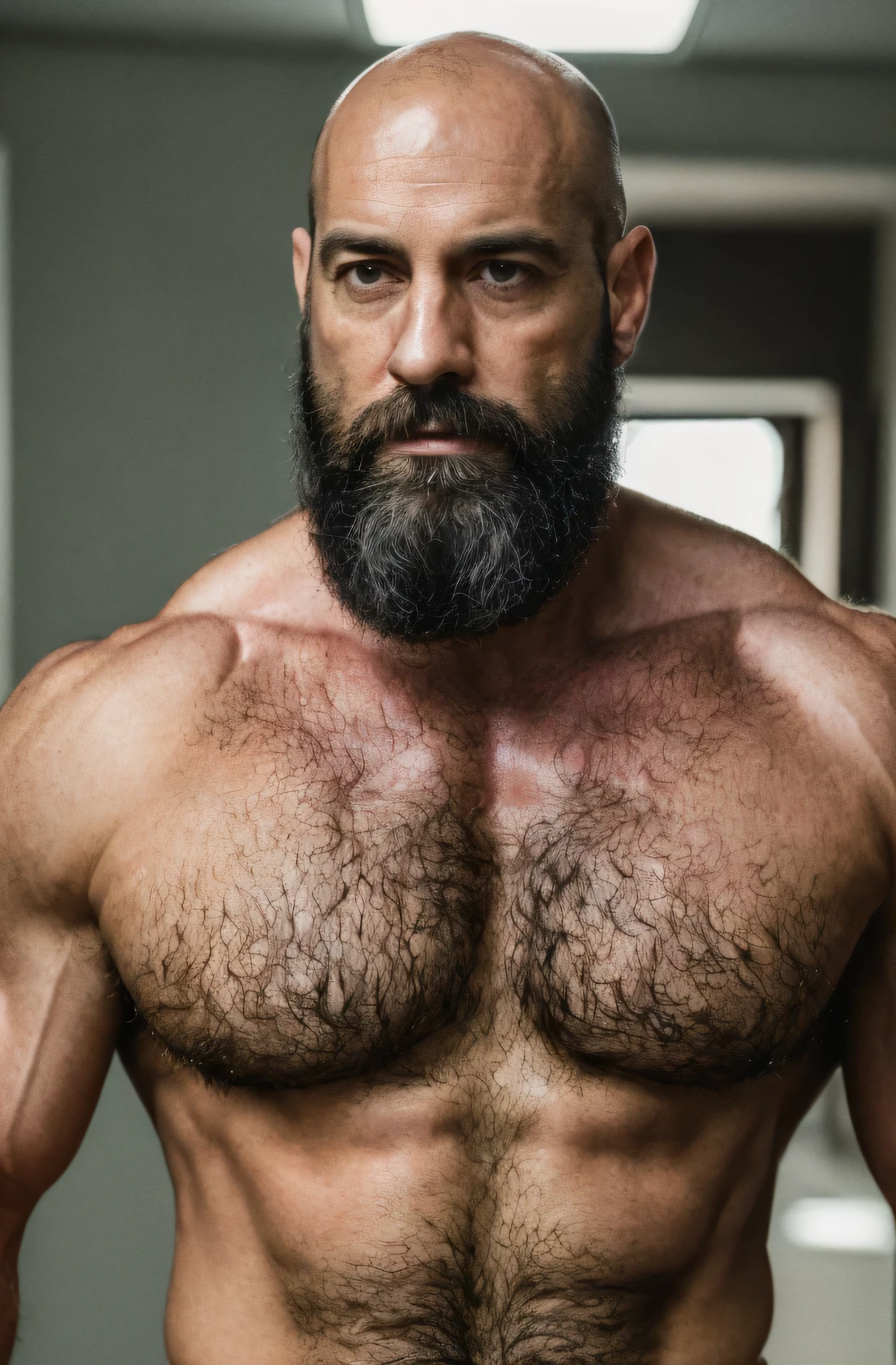 (Mejor calidad, high resolution, ultra detallado, Realista:1.37), Hiperrealismo, hiperdetallado, colores naturales, luz tenue, retrato, 40 year old man, musculoso, alto, cuerpo peludo, pecho peludo, virilidad, actor, porno gay, muy sexual, elegante, calvo, barba negra, Traje, sin sombras.