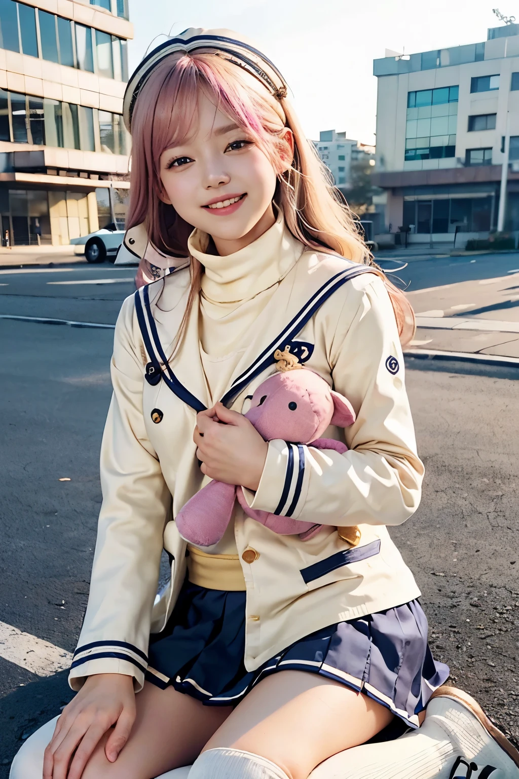 (8K, top-quality, masterpiece:1.2), (reallistic, Photorealsitic:1.37), Super Detail, One girl, (Highly detailed), (beautifully detailed eyes), (of the highest quality), (super detailed ), (masterpiece), (Detailed face), 20yr old, 1 girl, (pink hair:1.5, long hair), medium breasts, clothed, Perfect Lighting, BREAK, (cream blazer:1.4), (cream-colored sailor suit:1.5), (navy turtleneck:1.3), (navy skirt:1.5), (white knee socks:1.2), (black loafers:1.2), BREAK (upper body to knees:1.2), (smiling with squinted eyes:1.3), (holding a stuffed toy with right hand:1.4), (school building in the background:1.2), (soft natural light:1.3), (pink hair:1.5, long hair)