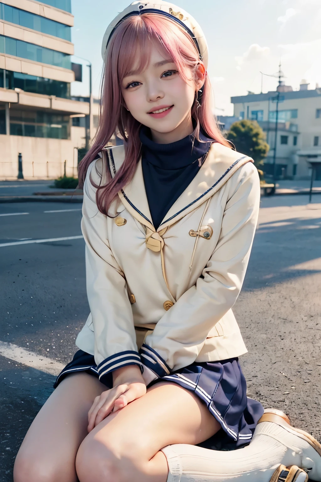 (8K, top-quality, masterpiece:1.2), (reallistic, Photorealsitic:1.37), Super Detail, One girl, (Highly detailed), (beautifully detailed eyes), (of the highest quality), (super detailed ), (masterpiece), (Detailed face), 20yr old, 1 girl, (pink hair:1.5, long hair), medium breasts, clothed, Perfect Lighting, BREAK, (cream blazer:1.4), (cream-colored sailor suit:1.5), (navy turtleneck:1.3), (navy skirt:1.5), (white knee socks:1.2), (black loafers:1.2), BREAK (upper body to knees:1.2), (smiling with squinted eyes:1.3), (holding a stuffed toy with right hand:1.4), (school building in the background:1.2), (soft natural light:1.3), (pink hair:1.5, long hair)