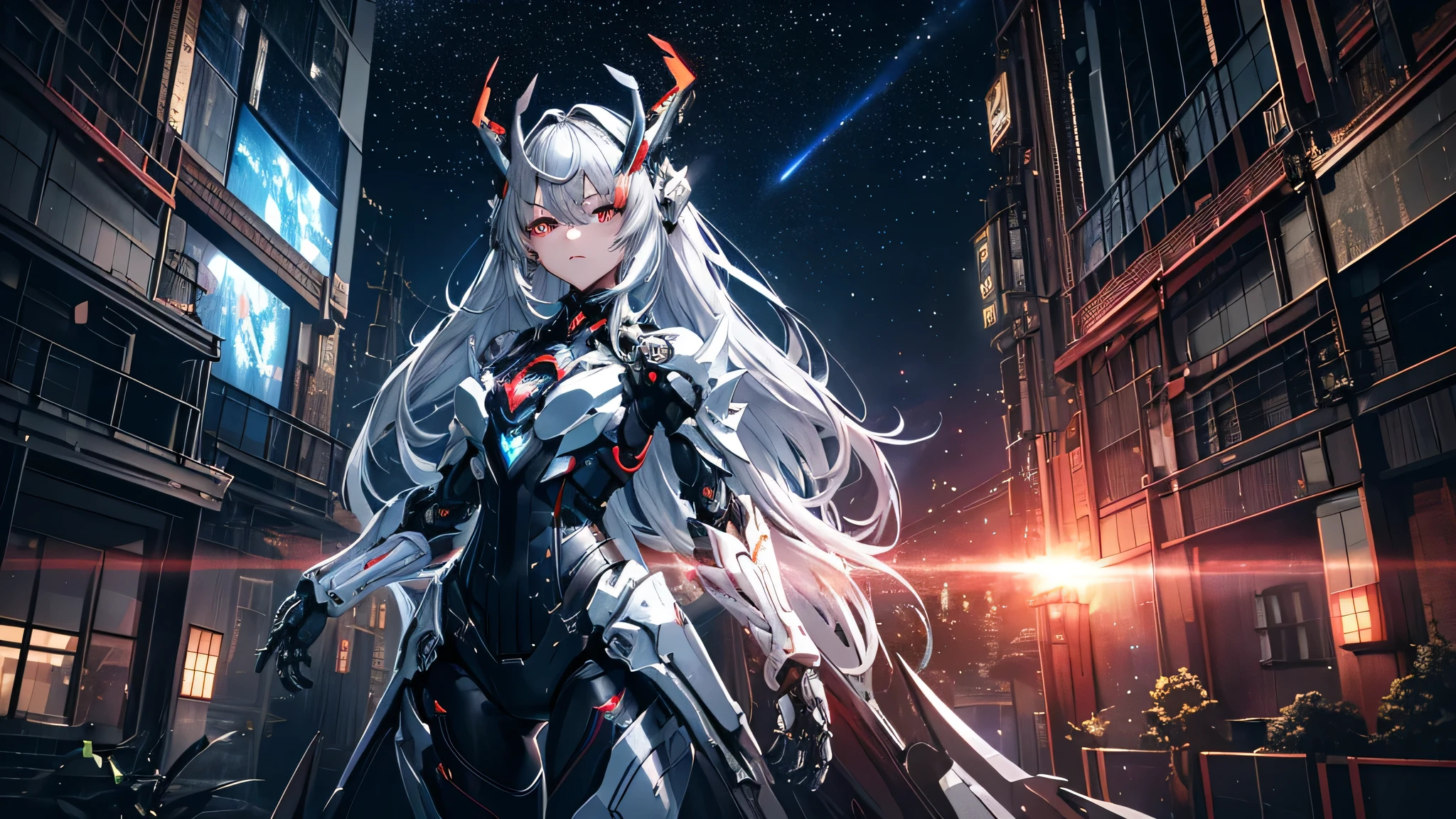 masterpiece,highest quality,Super detailed,very detailedイラスト,very detailed,intricate details,High resolution,超intricate details,very detailed 8k cg wallpaper,cowboy shot, caustics,reflection,ray tracing,devil theme,star雲,dark aura,cyber effect, (1 girl:1.4),alone,alone,mecha musume,mechanical parts, robot joints,single mechanical arm, headgear, mechanical harrow,Hello、star,intricate mechanical bodysuit, my corset, full armor, very long hair,gray hair, hair between eyes, colorful hair, inner hair coloring, red eyes,shining eyes,Eye marks, random expression,random action, ancient japanese architecture,pool, starry sky,skyline,