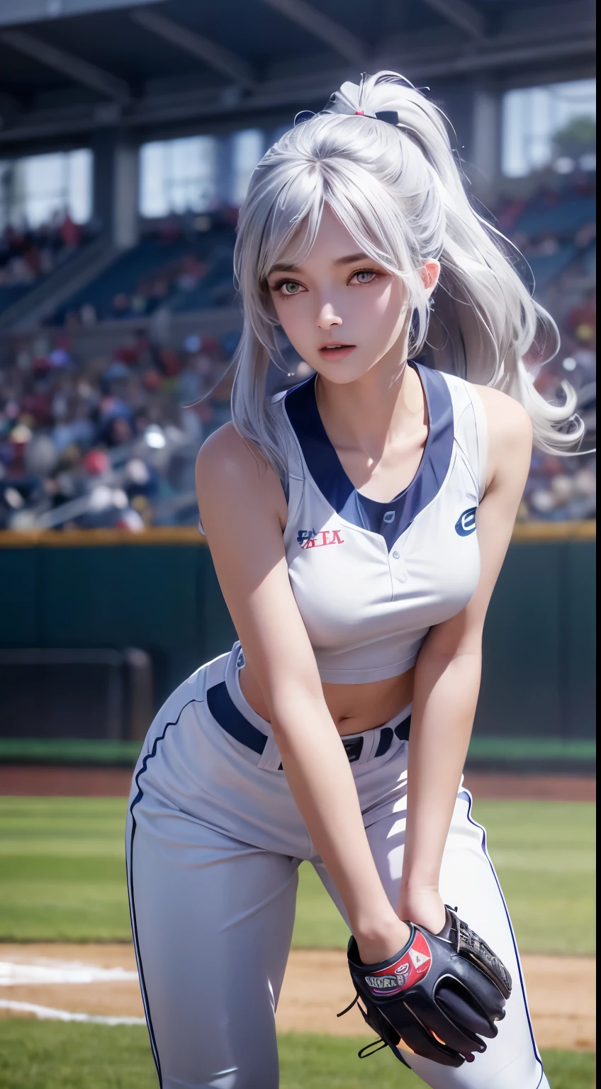 Female baseball player pitching，baseball bat in hand，Batting dynamics，Correct ergonomics（1.5），masterpiece，top quality，ultra wide angle lens（1.5)（realistically，realistically：1.4），（original photo：1.4），Very exquisite CG Unity 8K wallpaper，very delicate and beautiful，Mann pays attention to detail，official art，beautiful eyes and face（1.5），Beautiful and delicate eyes，There is light on the face，a girl，long white hair，（pom poms）navel，upper part of body，baseball uniform，He wears baseball gloves on his hands， baseball field，