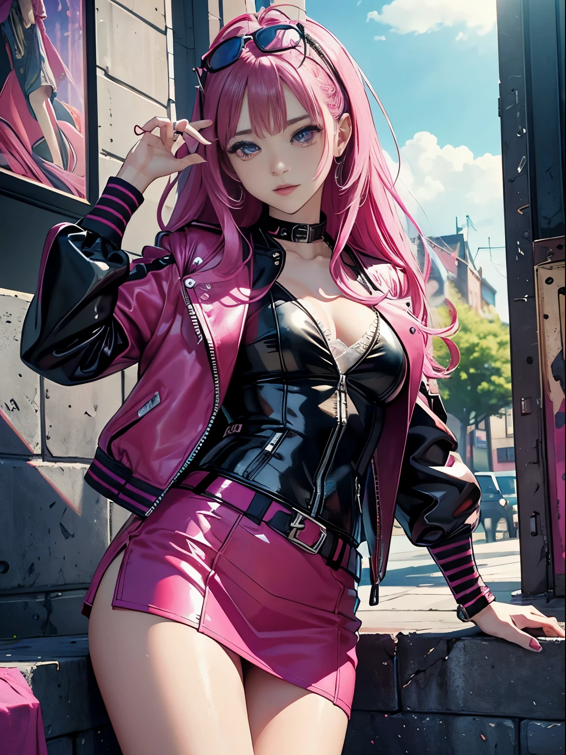magenta tint、Bright colors、((masterpiece)))、(((top quality)))、((Super detailed))、(surreal)、(Very detailed CG illustrations)、official art、CD cover、This will be、midsummer、fashionable、The glorious 1980s、cruel beauty、cochetti gorgeous、gorgeous、Colorful hair、rock music、leather jacket、miniskirt、women only、perfect angle、Perfect composition、