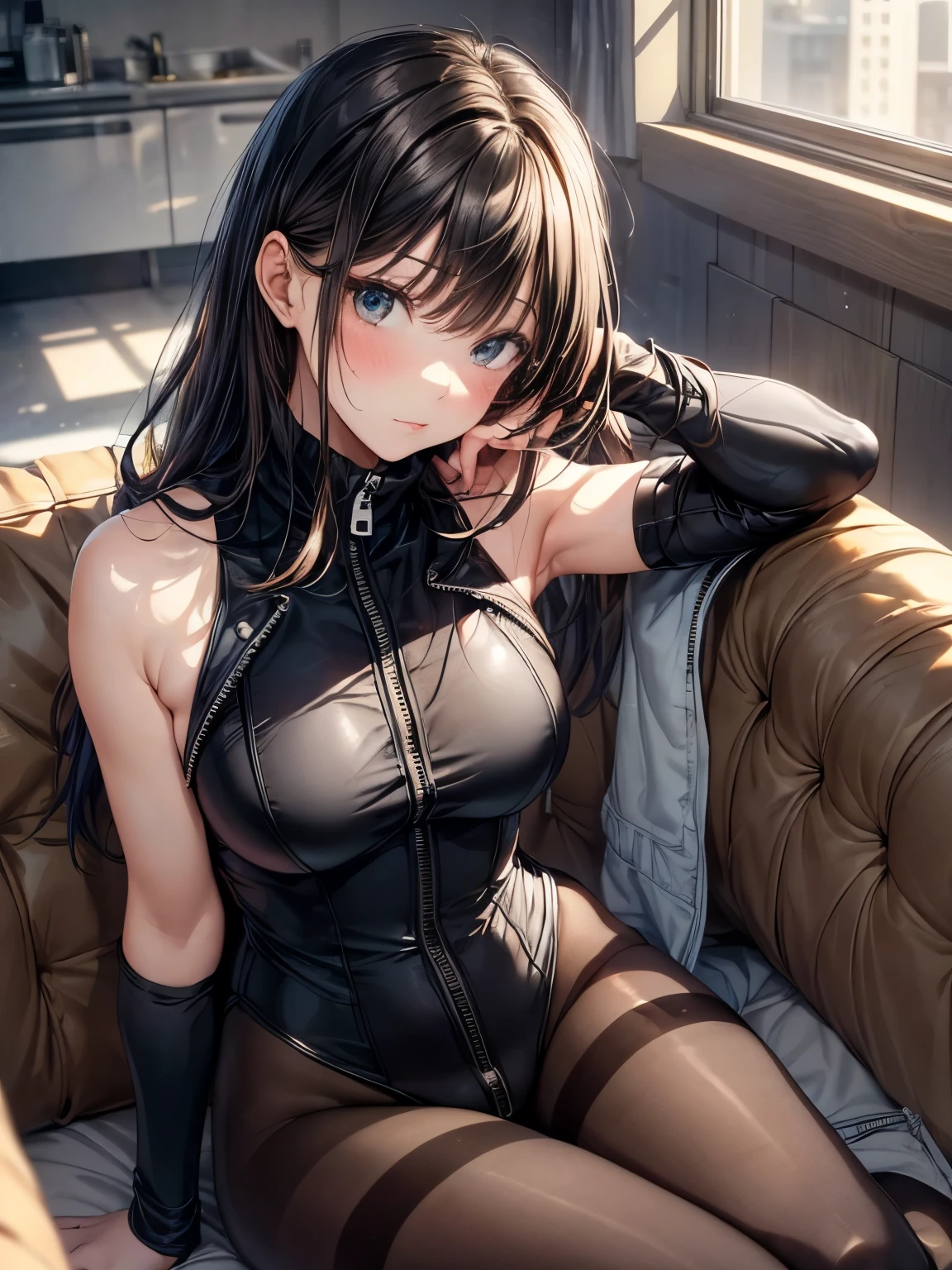 highest quality、complete limbs、Refers to the whole、1 beautiful woman、beautiful big breasted woman:1.3、((black haired woman))、straight hair woman、(((Woman wearing black high neck sleeveless leotard with zipper:1.3)))、sexy pose、(((woman wearing brown pantyhose:1.3)))、living、Sit on a one-person black sofa、A woman leaning on the back of a sofa、The woman rests her arms on the armrests of the sofa、blush