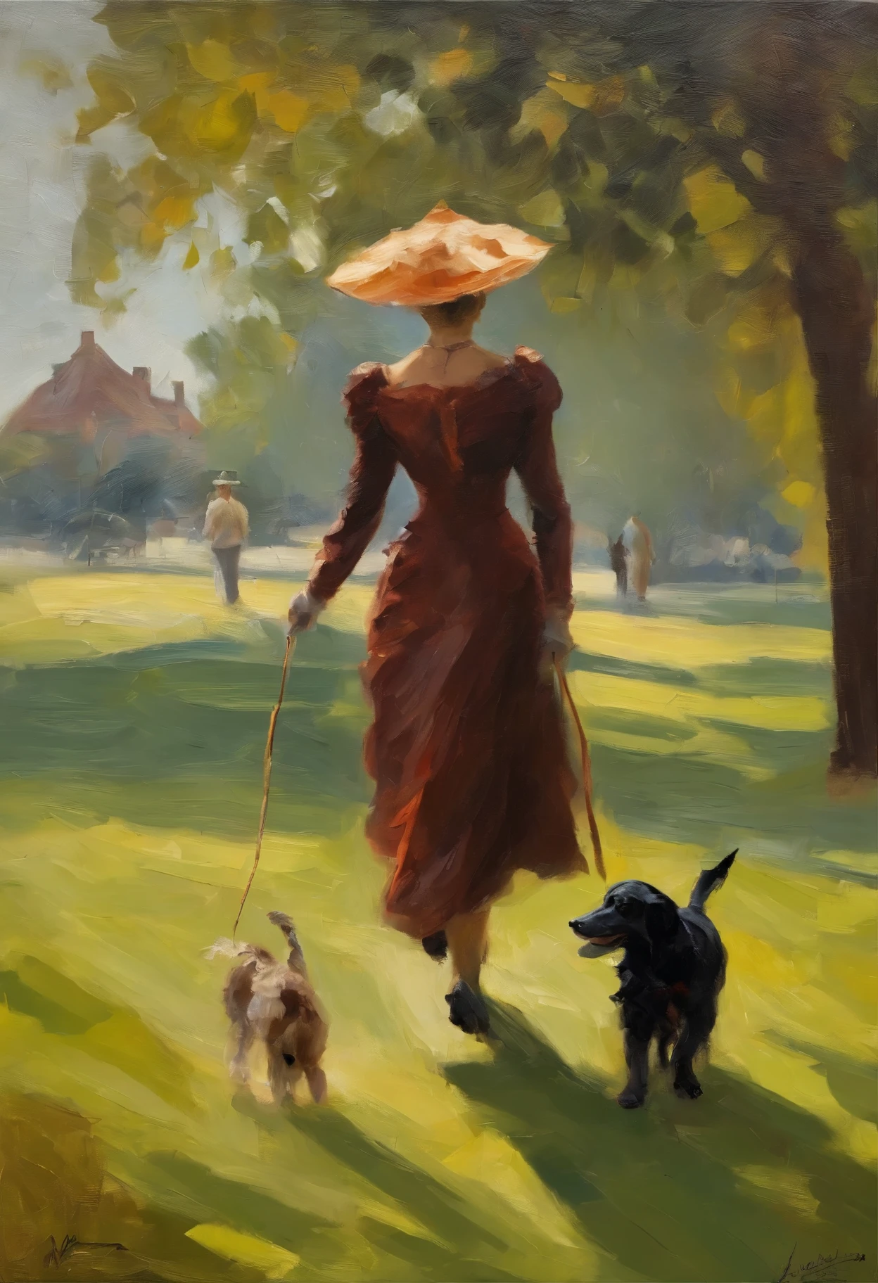 Full body view of A voluptuous buxom mature Victorian widow walking with her dog in a park, oil painting