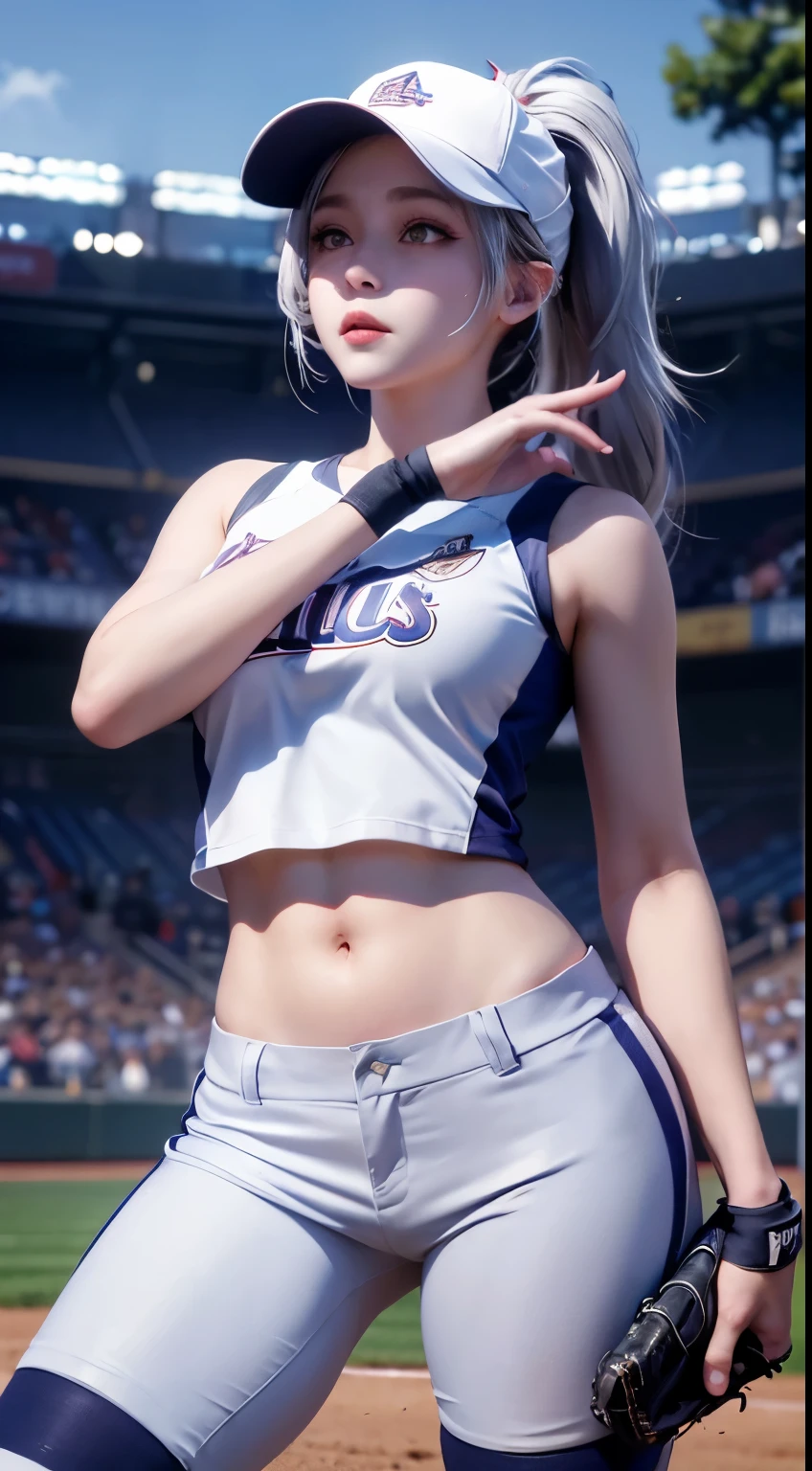 Female baseball player pitching，baseball bat in hand，Batting dynamics，Correct ergonomics（1.5），masterpiece，top quality，ultra wide angle lens（1.5)（realistically，realistically：1.4），（original photo：1.4），Very exquisite CG Unity 8K wallpaper，very delicate and beautiful，Mann pays attention to detail，official art，beautiful eyes and face（1.5），Beautiful and delicate eyes，There is light on the face，a girl，long white hair，（pom poms）navel，upper part of body，baseball uniform，He wears baseball gloves on his hands， baseball field，