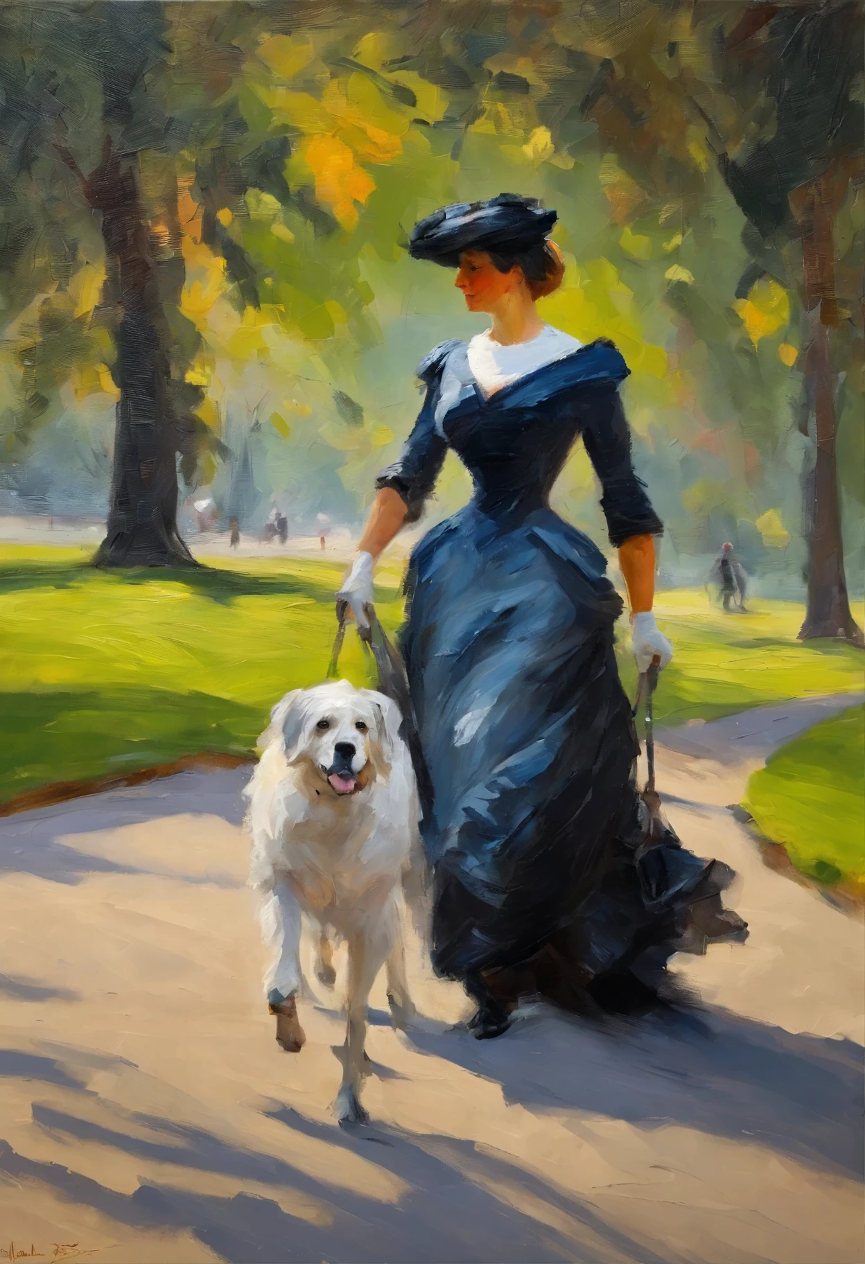 Full body view of A voluptuous buxom mature Victorian widow walking with her dog in a park, oil painting