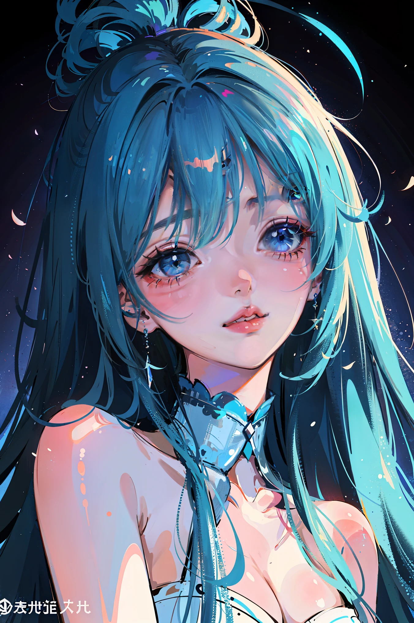 (8K wallpaper unified with super fine CG, masterpiece, top quality, super fine), (best lighting, best shadow, very delicate and beautiful), bright smile. Long blue hair. In jersey, long swaying hair, framing her beautiful face perfectly. Colorful eyes shine.