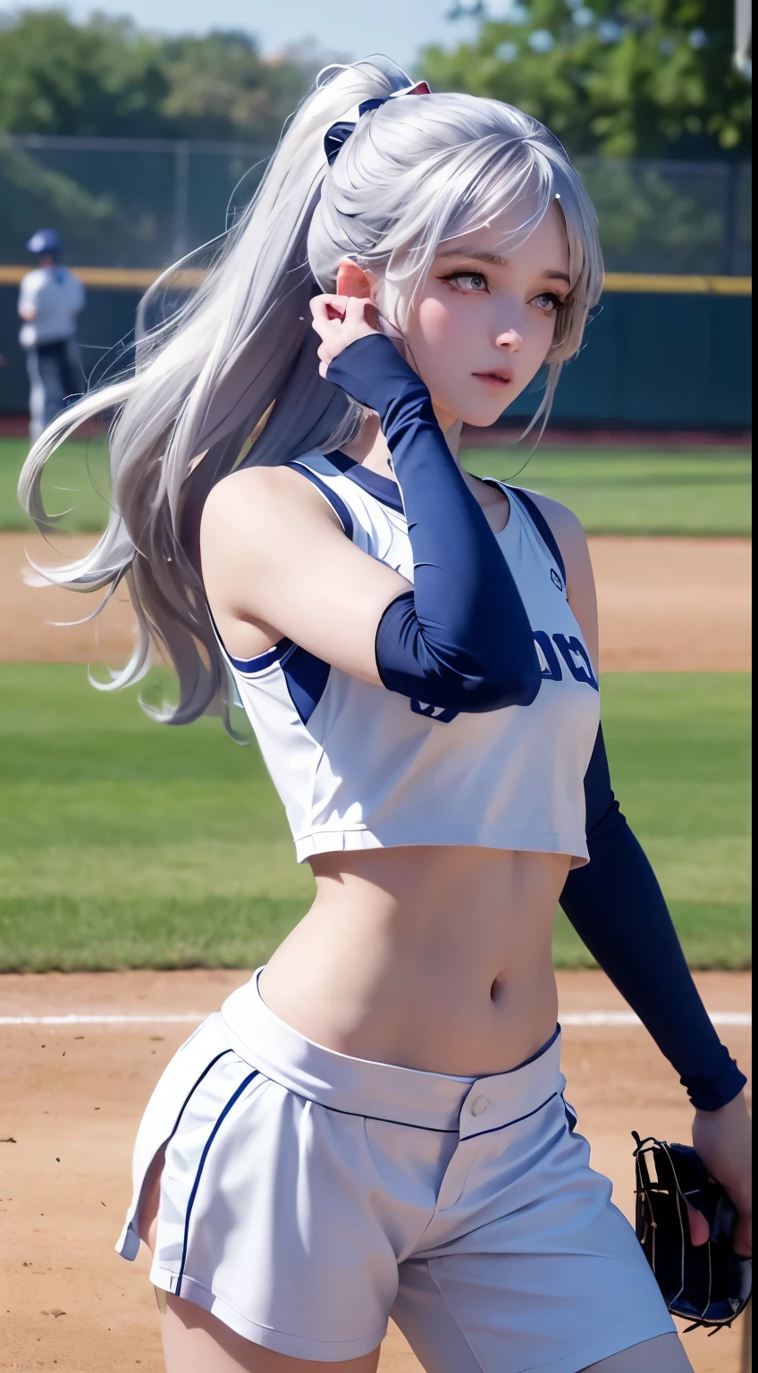 Female baseball player pitching,baseball bat in hand,Batting dynamics,Correct ergonomics(1.5),masterpiece,top quality,ultra wide angle lens(1.5)(realistically,realistically:1.4),(original photo:1.4),Very exquisite CG Unity 8K wallpaper,very delicate and beautiful,Mann pays attention to detail,official art,beautiful eyes and face(1.5),Beautiful and delicate eyes,There is light on the face,a girl,long white hair,(pom poms)navel,upper part of body,baseball uniform,He wears baseball gloves on his hands, baseball field,