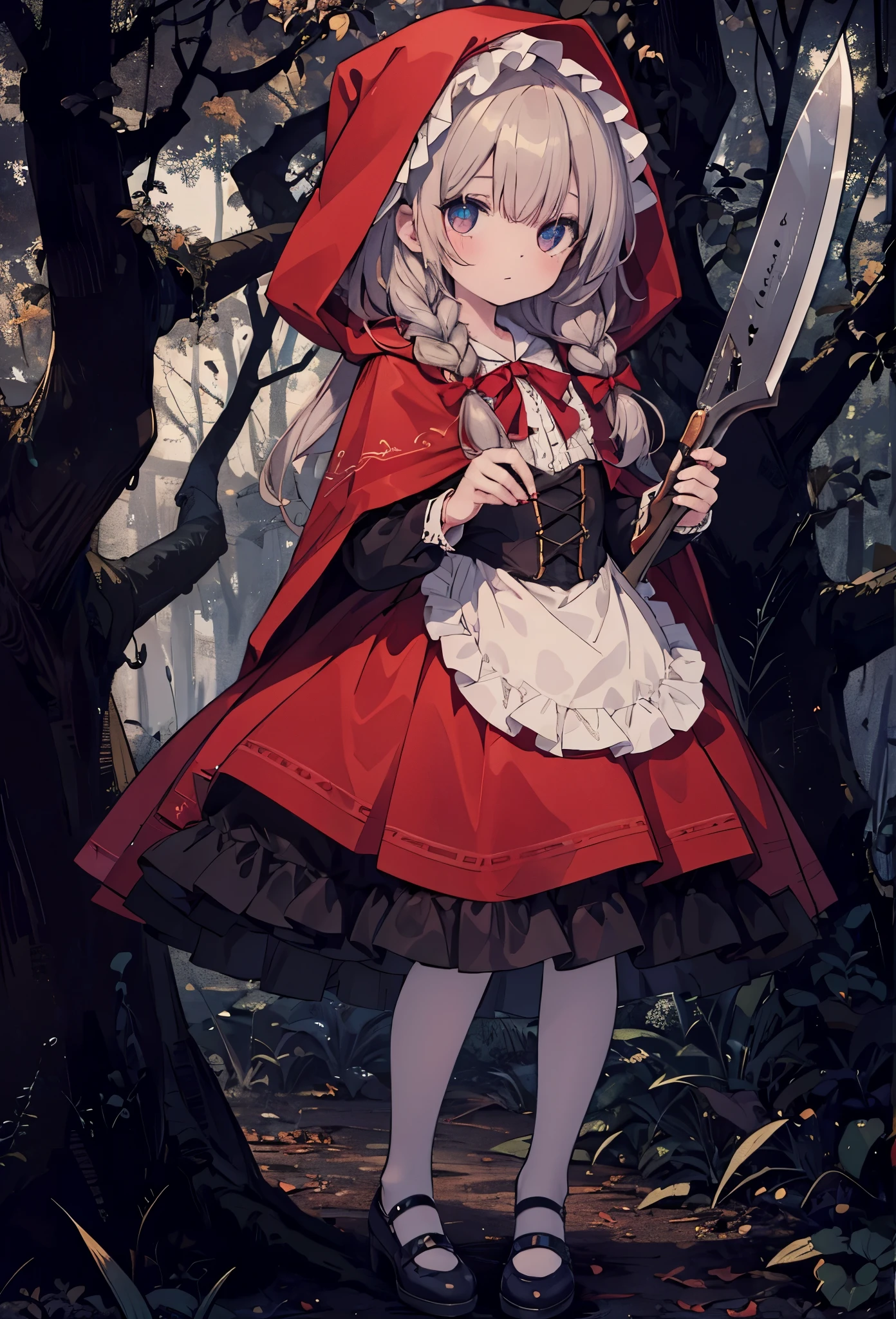 ((Highly accurate drawing in every detail)Extremely precise depiction)[High resolution],(detailed illustrations,とてもfineで緻密な描画,Delicate drawn lines with tempo,Realistic texture expression),[color traced main line],[deep nordic forest],((irish girl) Beauty 13 years old) [braided hair] Medium build, medium height,((little red riding hood)apron dress[(frills) ribbon]) [Meat cleaver],gravure[[bizarre atmosphere]gothic horror],(Fine and beautiful skin expression [transparency]),((Precisely drawn eyes))[完璧な目のdetailed((Beautiful eyes like jewels)Iris drawn in precise detail)[clearly drawn pupils]],[eye light[Pinpoint lighting for the eyes]],[long and beautiful eyelashes],[precisely drawn hair [美しく艷やかな髪のdetailed]],(完璧な手のdetailed [Beautiful fingers with no damage [beautiful nails]]),(perfect anatomy(perfectly balanced proportions))[[full body portrait]],[ideal color coordination(Accurate simulation of light and material interactions)],([precision detail](detailed,高fine)),[[pale and gentle colors]][Visual art that tells a story] [[natural eros]],((highest quality)fine[[High density drawing]])(4K quality).