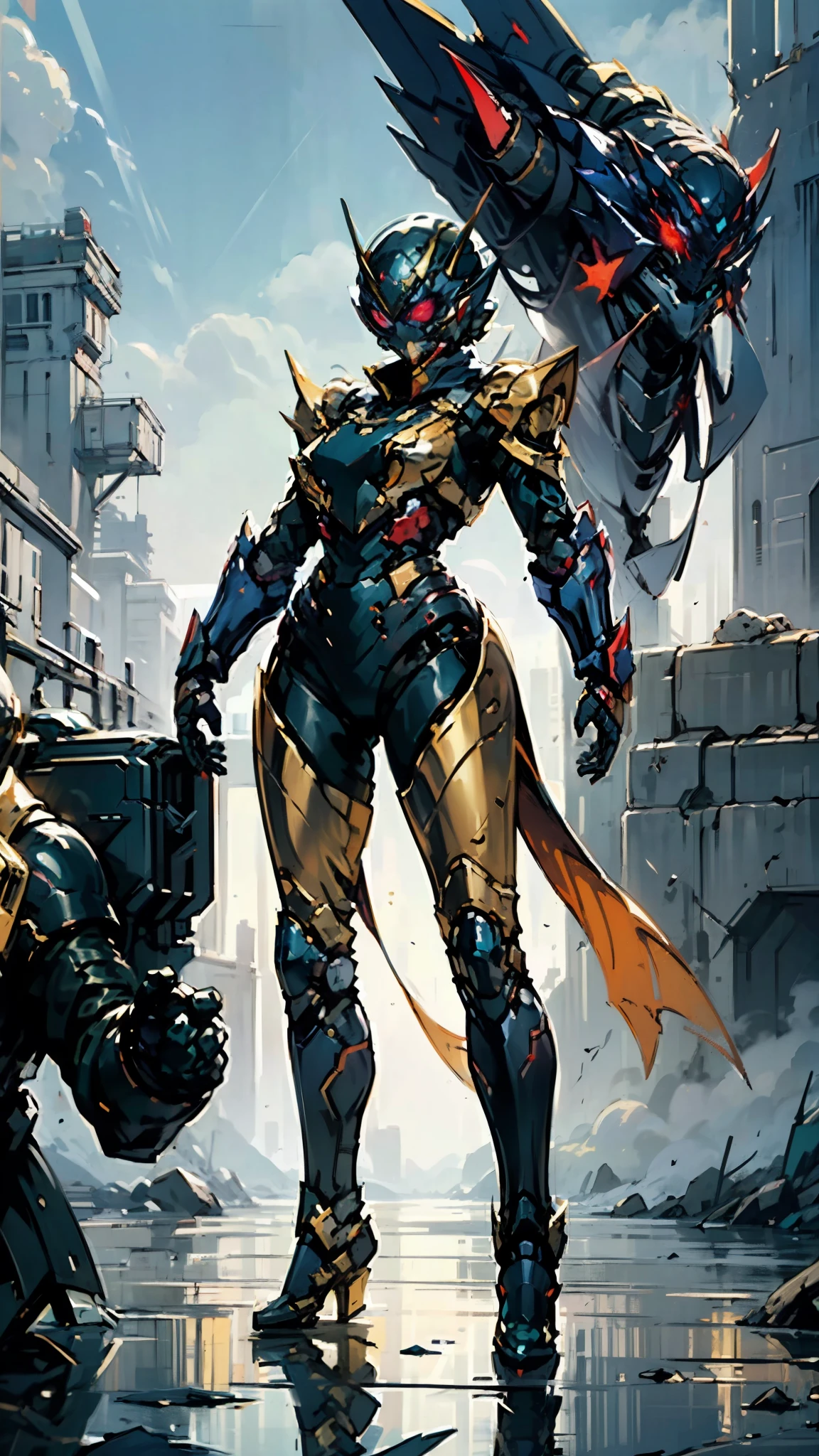 A woman adorned in fantasy-style full-body armor, a crown-concept fully enclosed helmet that unveils only her eyes, a composite layered chest plate, fully encompassing shoulder and hand guards, a lightweight waist armor, form-fitting shin guards, the overall design is heavy-duty yet flexible, (the armor gleams with a golden glow, complemented by red and blue accents), exhibiting a noble aura, she floats above a fantasy-surreal high-tech city, this character embodies a finely crafted fantasy-surreal style armored hero in anime style, exquisite and mature manga art style, (mixture of Queen bee and Spider concept Armor, plasma), ((Element, elegant, goddess, femminine:1.5)), metallic, high definition, best quality, highres, ultra-detailed, ultra-fine painting, extremely delicate, professional, anatomically correct, symmetrical face, extremely detailed eyes and face, high quality eyes, creativity, RAW photo, UHD, 32k, Natural light, cinematic lighting, masterpiece-anatomy-perfect, masterpiece:1.5