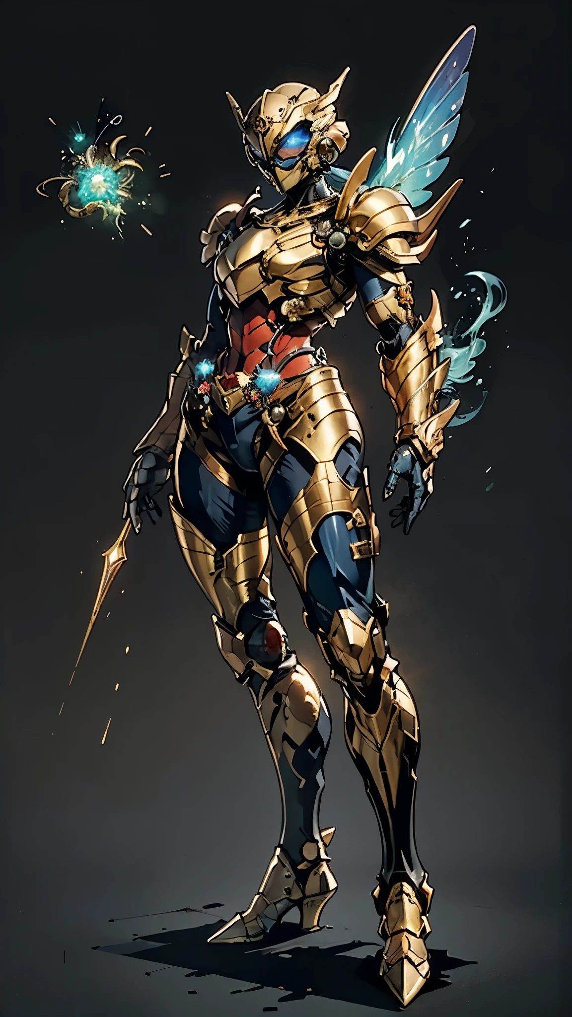 A woman adorned in fantasy-style full-body armor, a crown-concept fully enclosed helmet that unveils only her eyes, a composite layered chest plate, fully encompassing shoulder and hand guards, a lightweight waist armor, form-fitting shin guards, the overall design is heavy-duty yet flexible, (the armor gleams with a golden glow, complemented by red and blue accents), exhibiting a noble aura, she floats above a fantasy-surreal high-tech city, this character embodies a finely crafted fantasy-surreal style armored hero in anime style, exquisite and mature manga art style, (mixture of Queen bee and Spider concept Armor, plasma), ((Element, elegant, goddess, femminine:1.5)), metallic, high definition, best quality, highres, ultra-detailed, ultra-fine painting, extremely delicate, professional, anatomically correct, symmetrical face, extremely detailed eyes and face, high quality eyes, creativity, RAW photo, UHD, 32k, Natural light, cinematic lighting, masterpiece-anatomy-perfect, masterpiece:1.5