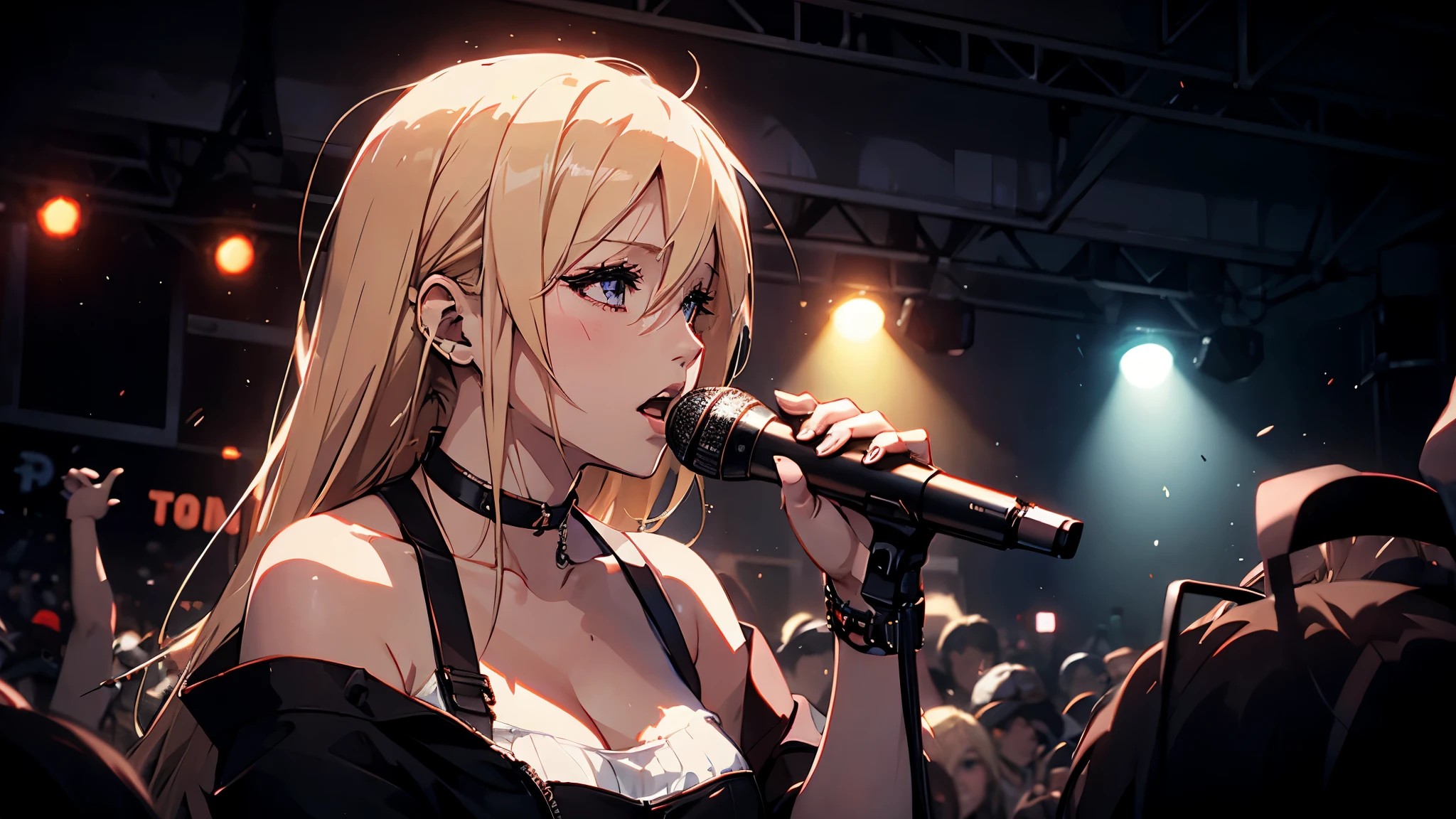 woman,blonde,vocalist.band,microphone,stage,dance,Nikon d850 film stock photo by Lee Jeffries ,beautiful anime scenery