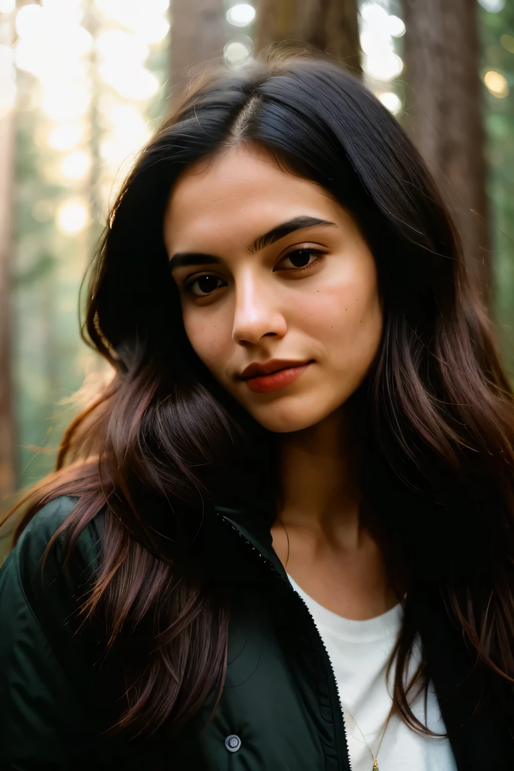 photograph of a woman, (sympathetic facial expression), textured skin, red hairs goosebumps, jet black half-up half-down hair, faux fur-lined parka with skinny jeans, group profile, face looking flat into the camera, towering ancient redwood trees creating a sense of wonder and awe, without hat, perfect eyes, ((hard lighting:1.4)), Velvia 100 color, shot on Cinestill 800T, bokeh, sharp focus on subject, shot by Manuela Marques