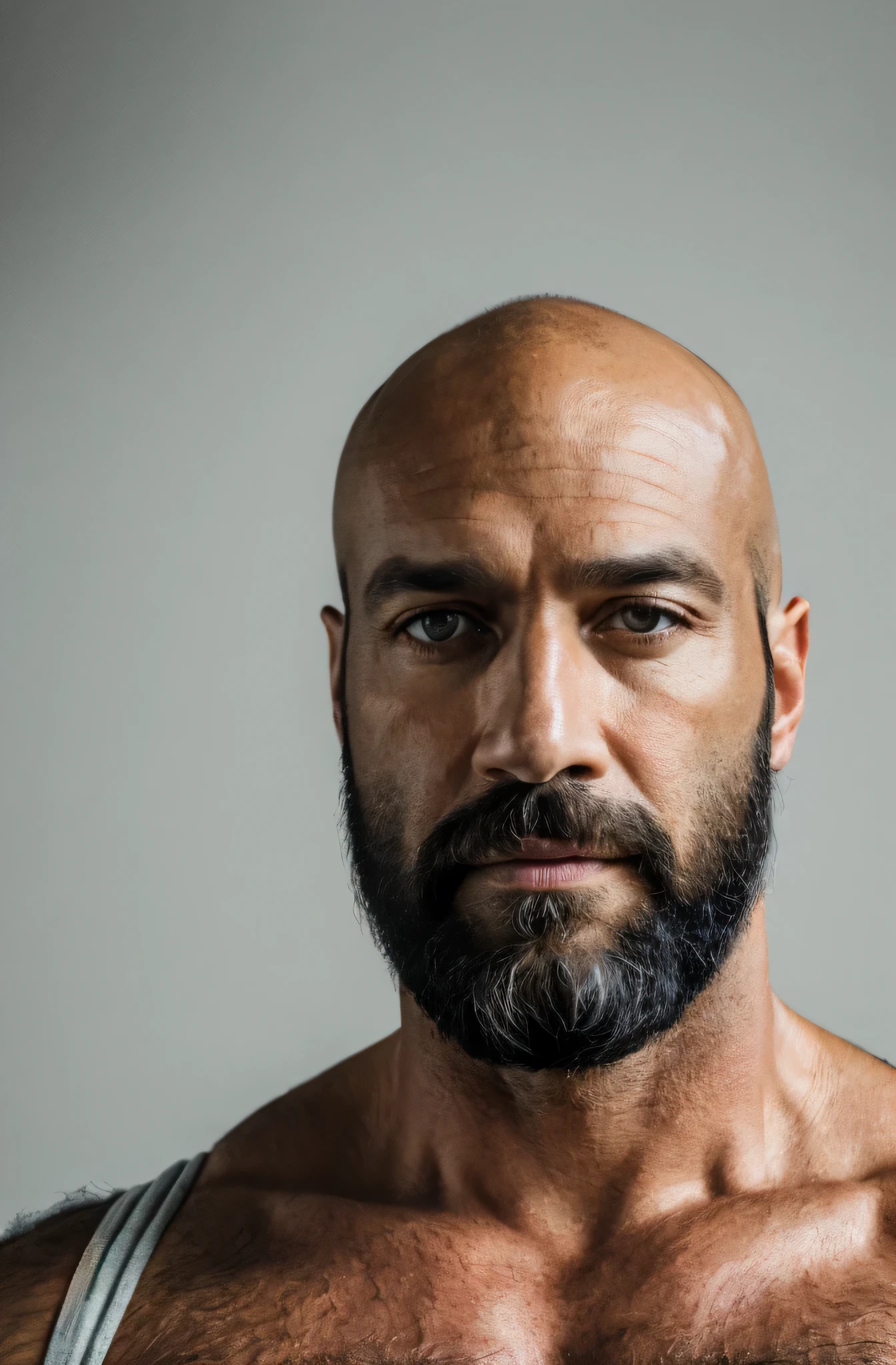 (Mejor calidad, high resolution, ultra detallado, Realista:1.37), Hiperrealismo, hiperdetallado, colores naturales, luz tenue, retrato, 40 year old man, musculoso, alto, cuerpo peludo, pecho peludo, virilidad, actor, porno gay, muy sexual, elegante, calvo, barba negra, Traje.