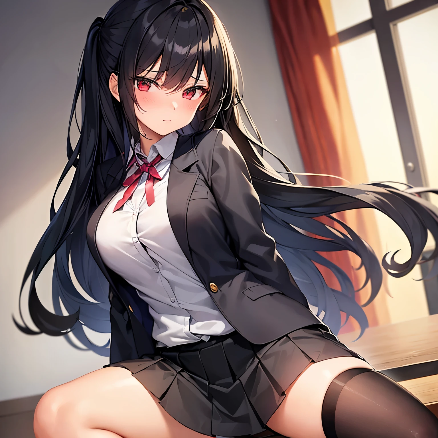 A girl with long black hair, wearing a blazer with a ribbon and a miniskirt, is sitting on a desk at school, blushing and shyly looking at me.