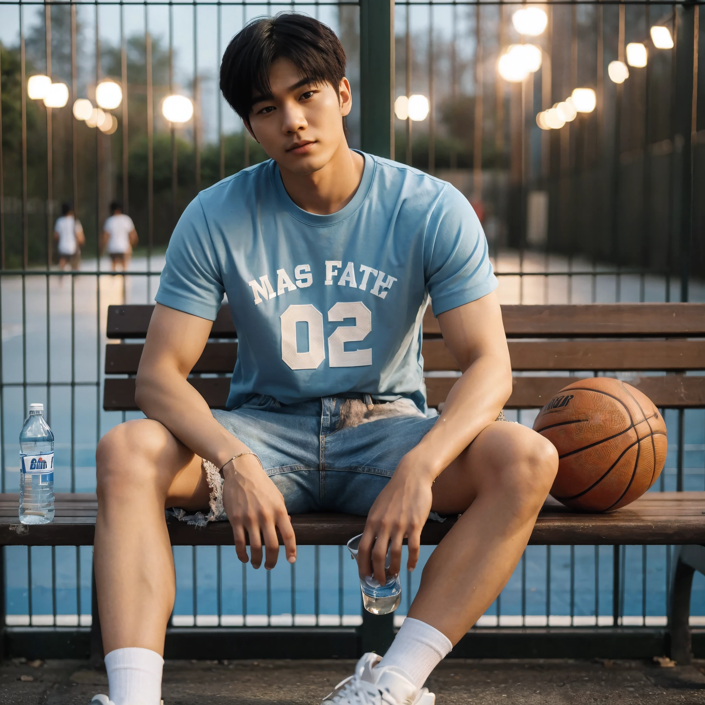 Create an image of a 25 year old Korean man, fit body with two block hair, wearing a sky blue basketball shirt with text "Mas Fath 02", short jeans and white shoes, sitting on a bench in front of a court fence, a cinematic bokeh background, showing a basketball court with lights, a basketball, a small towel, a drinking bottle, 85mm lens portrait, street clothes, realistic, hyperrealistic, photography, Highly resolution
