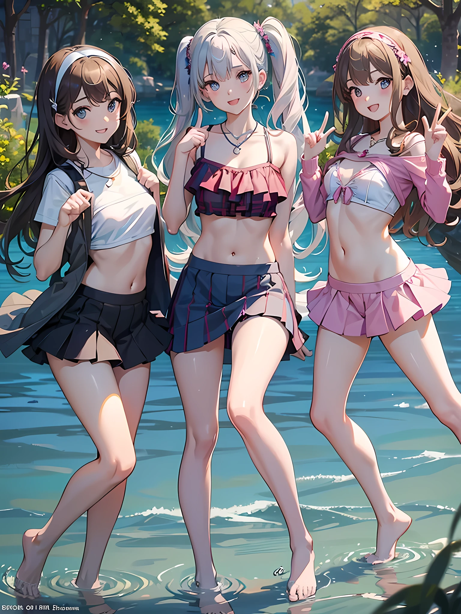 ((highest quality)), ((masterpiece)), (pretty girl), (3 girls:1.3), cute three girls are posing for a camera outdoors in the water, shirtを持ち上げる, lift the skirt, Stand in line, (Close-up shot from the knee:1.3), perfect face, smile, (open your mouth and smile:1.3), embarrassed look, (precise fingers:1.3), hair band, head band, hair bobble, blouse, shirt, I can see your underwear, (pastel colored underwear), high resolution eyes, accurate eyes, (high resolution eyes:1.8), (High definition finger 1.8), light smile, small chest, chest, realistic, 4--old,years ors old, 7 yead, knee socks, Skirt that flips up,short skirt, Asian, Westerners, silver hair, brown hair, blonde, belly button, jewelry, looking at the viewer, necklace, water, , Wet, long hair, short hair, abs,