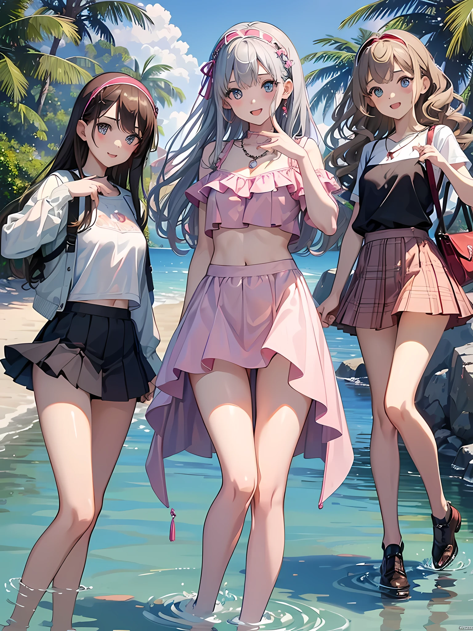 ((highest quality)), ((masterpiece)), (3 girls:1.3), Three cute girls are posing for the camera outdoors underwater, (shirtを持ち上げる),micro bikini,very small bra,(The wind flips my skirt), three people standing in a row, (Close-up shot from the knee:1.3), (open your mouth and smile:1.3), ray tracing, (bubble butt), bend over, hair band, head band, hair bobble, blouse, shirt, (pastel colored underwear), (high resolution eyes:1.5), (High definition finger 1.5), light smile, realistic, knee socks, Asian, Westerners, silver hair, brown hair, blonde, (belly button), jewelry, looking at the viewer, necklace, small breasts, long hair, short hair, (abs),