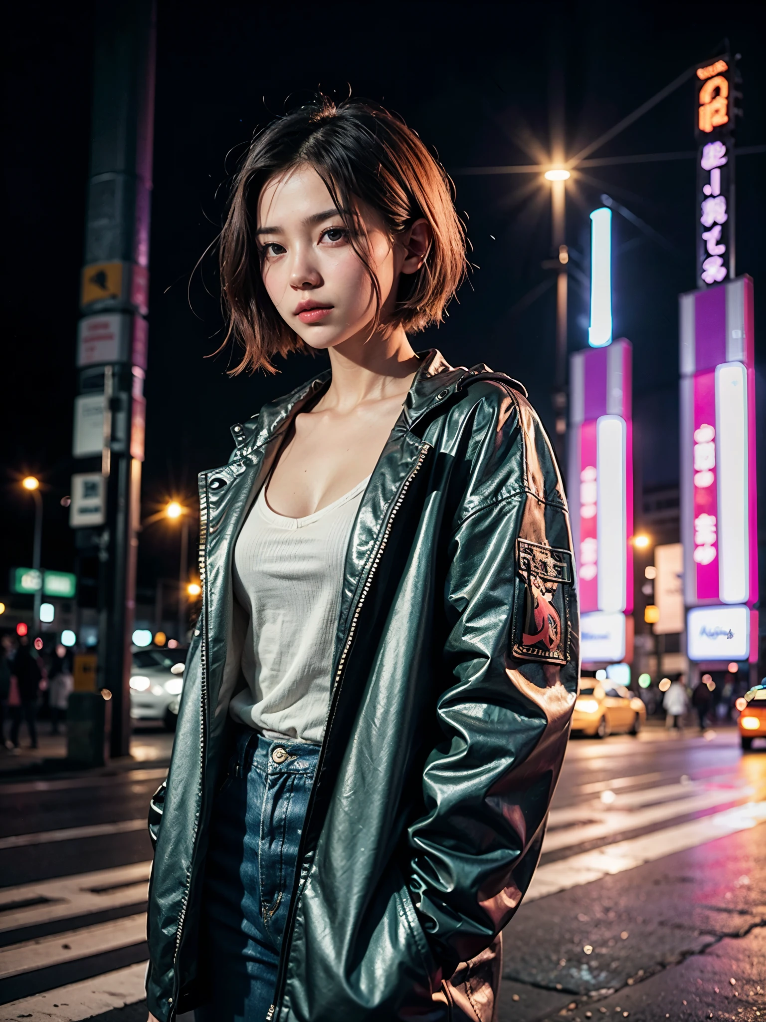 ((Best Quality, 8K, Masterpiece: 1.3)), a beautiful asian girl with short red hair, in a grey jacket, cyberpunk world, pink light, cinematic, kodak portra 400, lens 35mm, 16k, HDR