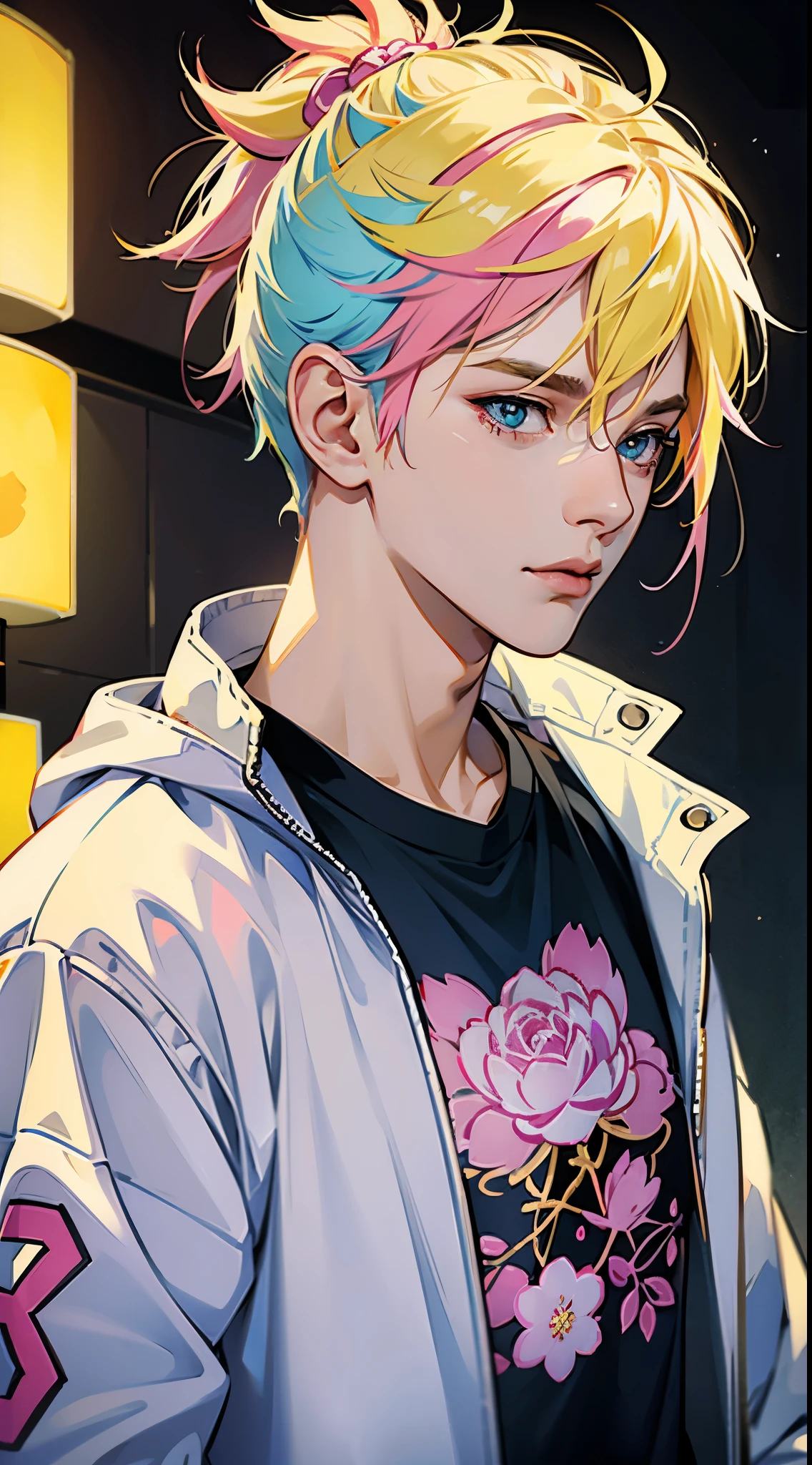 Boy-, punk, pastel yellow hair with pink highlights, киберpunk