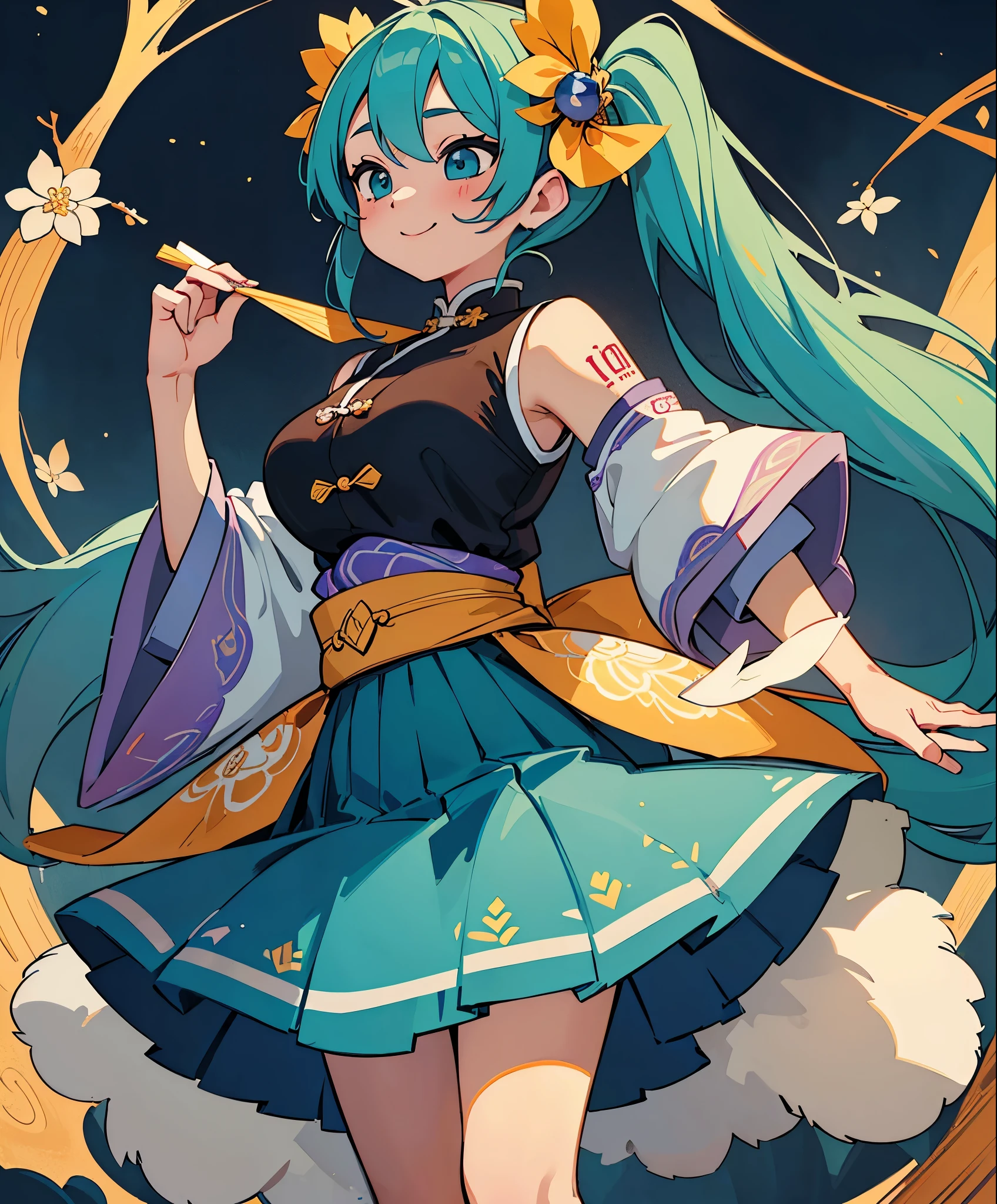 (masterpiece、最high quality、最high quality、official art、beautiful beautiful:1.2)、(1 girl:1.3)Hatsune Miku、big breasts、twin tails、adorable smile、very detailed、beauty of ancient china, charming temperament, Flowing long skirt, clean face, beautiful eyes, Surrounding osmanthus, 完璧なボディ構造プロポーションのmasterpiece, Super detailed, magnificent composition, Color tattoo art, New Traditional Tattoo Art, sd tattoo designs, Color tattoo art, Mysterious, warm and friendly atmosphere, super realistic painting, super hd, high quality, 最high quality, 32k --v6
