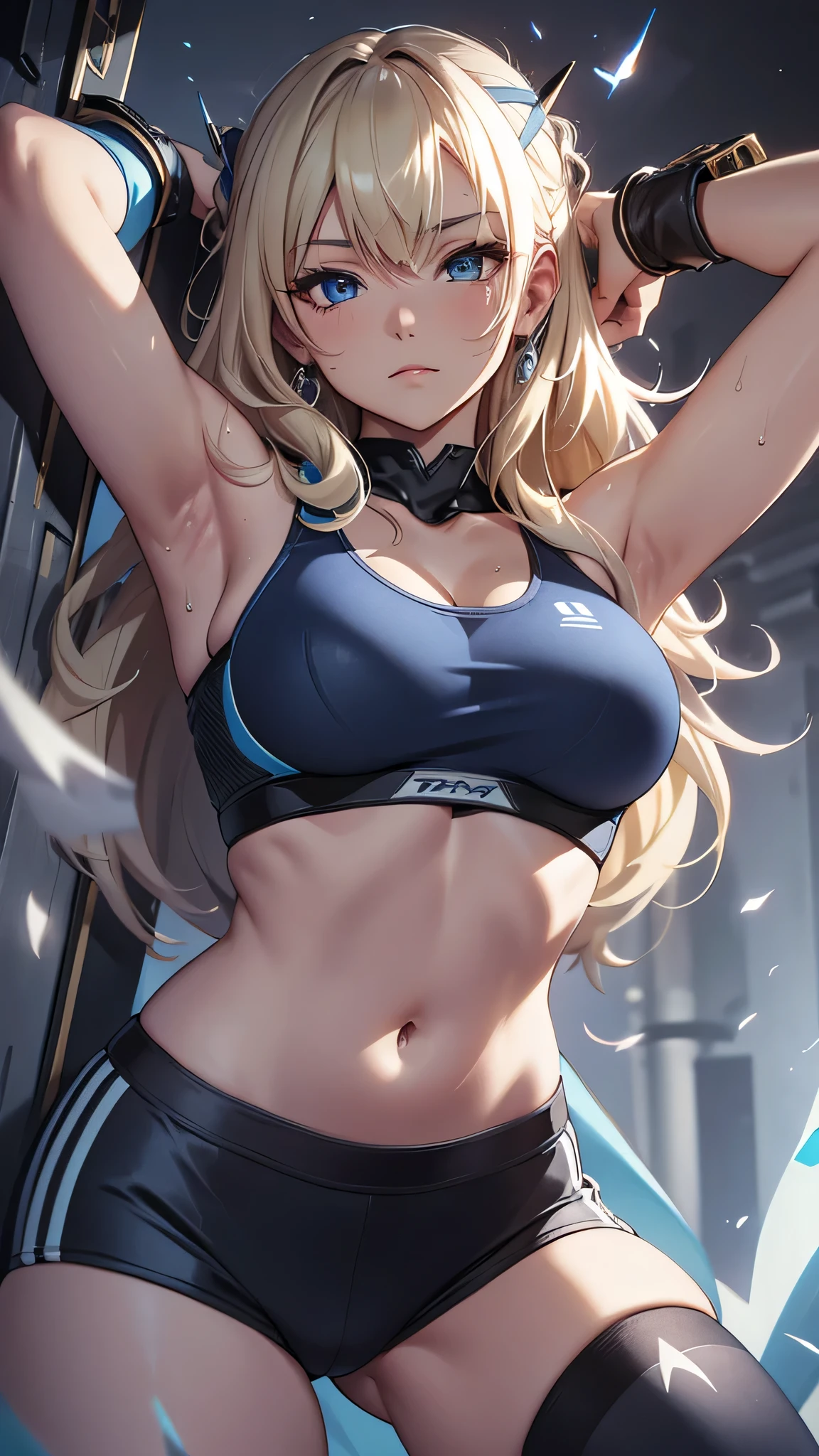 最high quality、best image quality、masterpiece、age girl((20-year-old、 By becoming、vest bust、medium bust,wide open breast tea、black eye, blonde hair、long hair、thin,highest valley、blue sports bra(1:2)、Blue sports pants、stretch、sweating、scattering of sweat、Flushed body、Pose that emphasizes the chest)),high quality、beautiful art、background((virtual studio、Live feeling))debris flies、Depth of written boundary、movie、visual art、perfect art、8k,genuine、